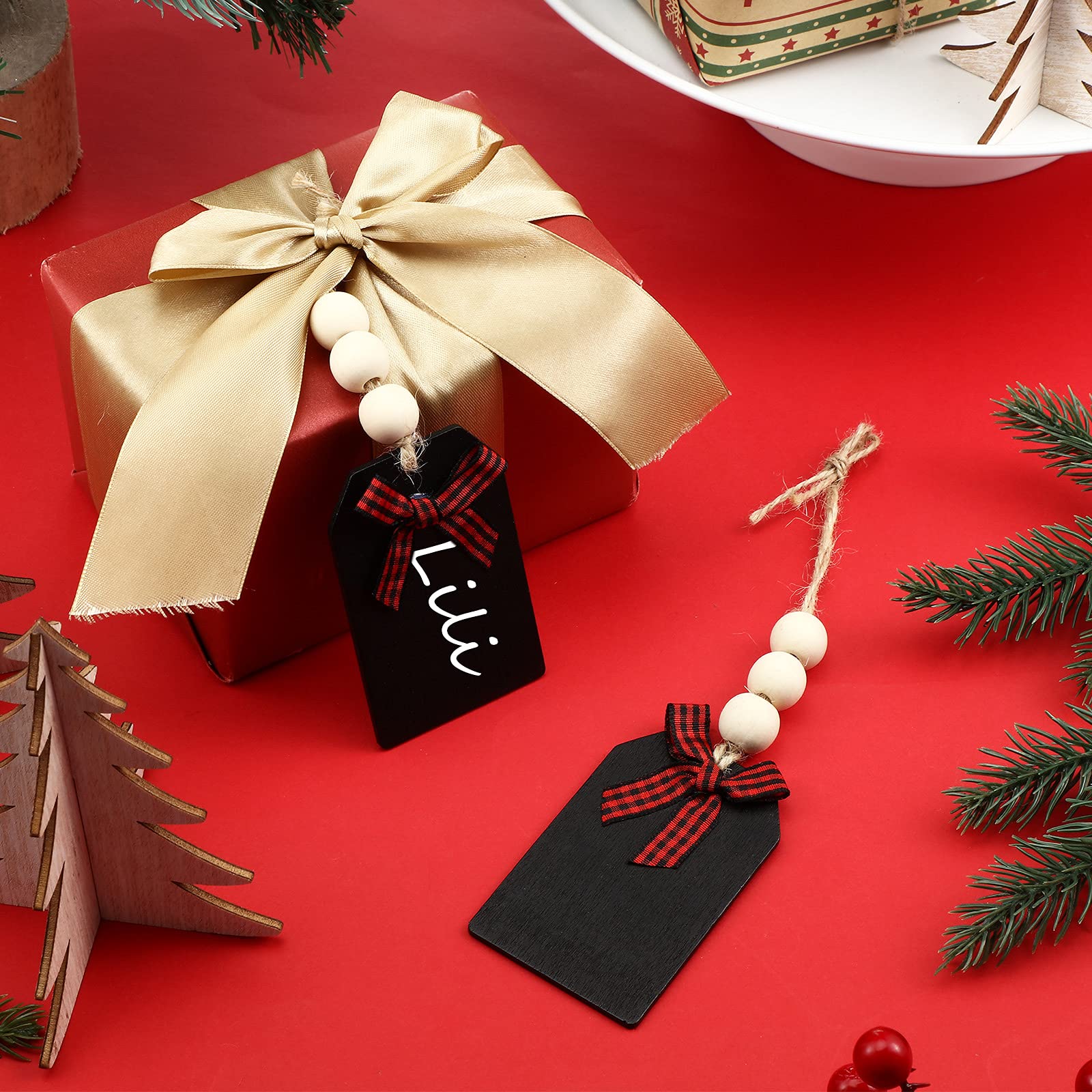 24 Pieces Christmas Wood Stocking Name Tags Buffalo Plaid Row Stocking Tags With Rope And Wooden Beads Mini Hanging Chalkboard T
