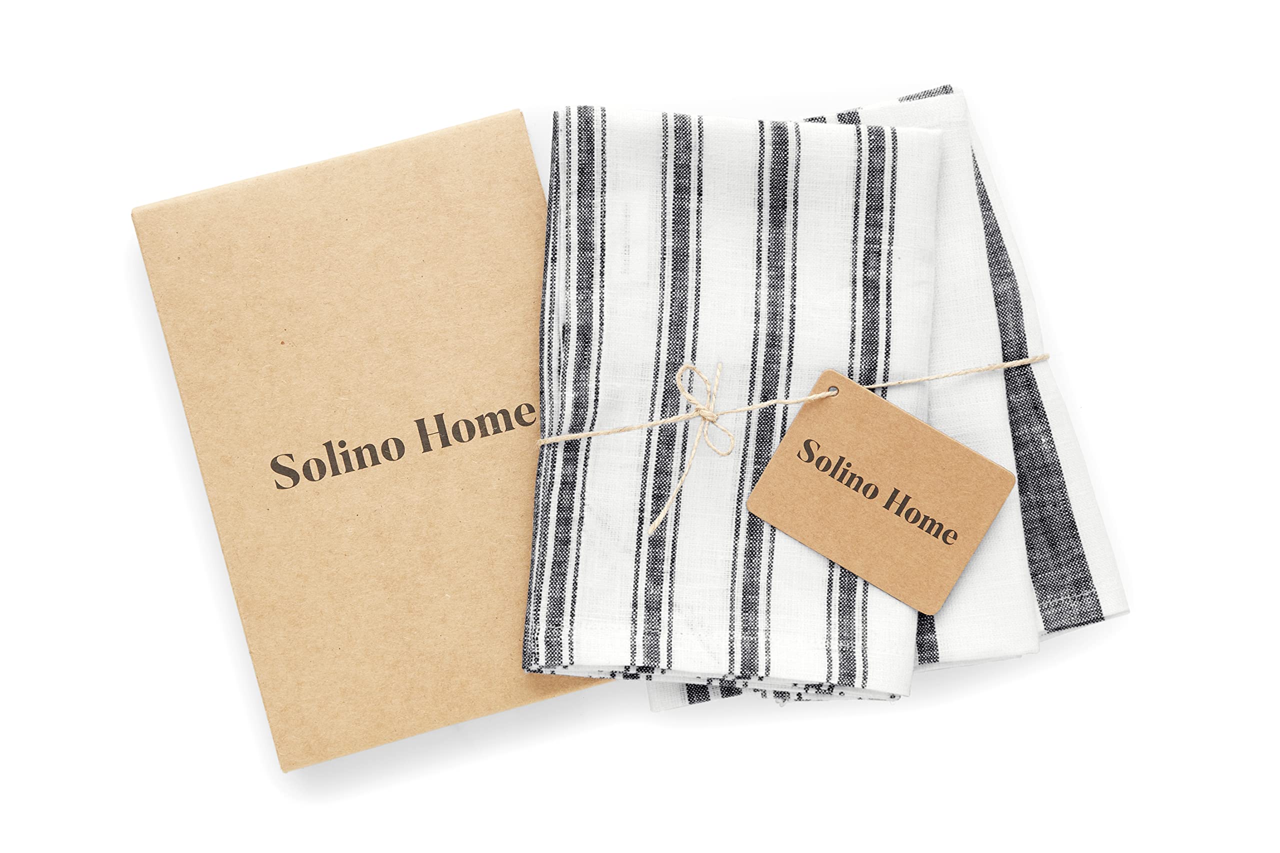 Solino Home Stripe Linen Tea Towels 17 X 26 Inch - 100% Pure Linen Multi Kitchen Towels Set Of 3 Assorted - Black And White, Han
