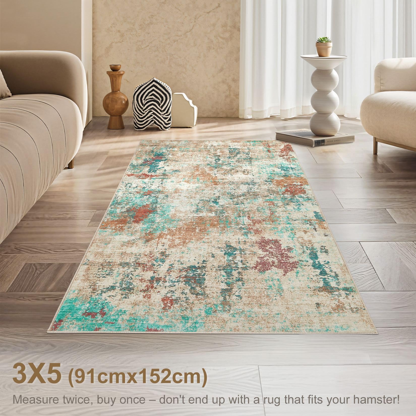 UERMEI 3x5 Area Rug: Washable Entryway Rugs - Neutral Modern Abstract Small Carpet - Non-Slip Low Pile Throw Indoor Rugs for Bed