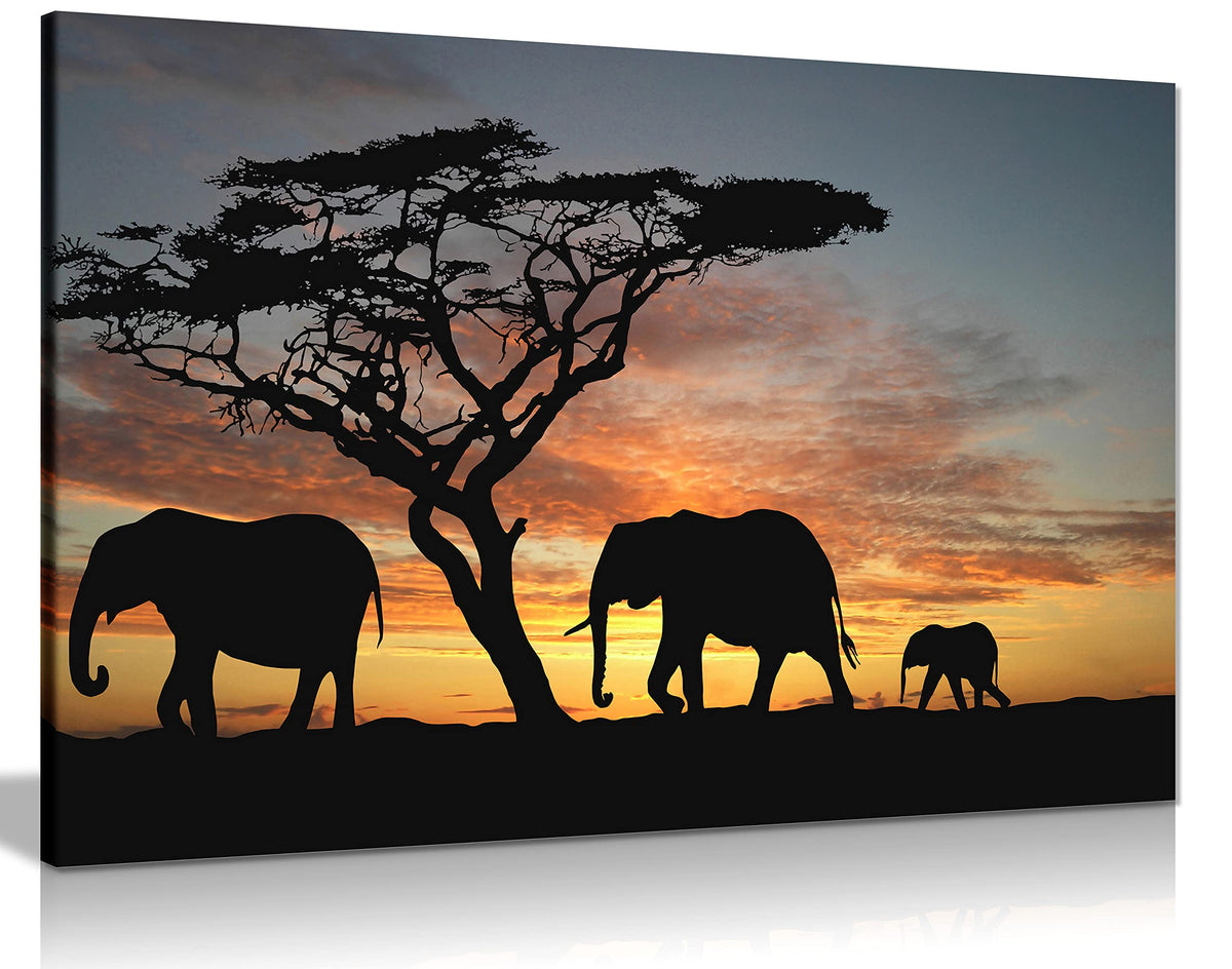 Elephants In The Sunset Africa Landscape Canvas Wall Art Picture Print (18X12)