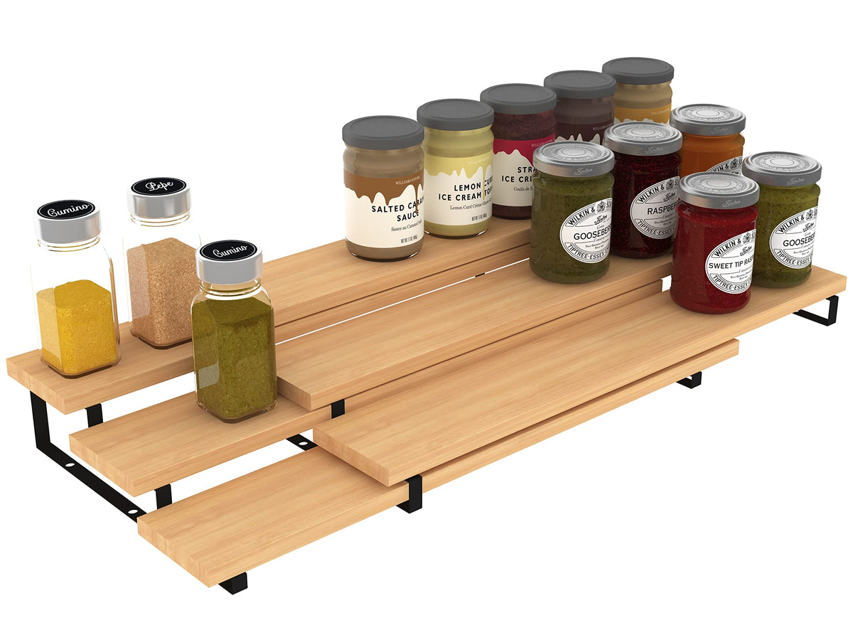 Derkniel 3 Tier Expandable Bamboo Spice Rack Cabinet Step Shelf Organizer For Kitchen Pantry Countertop Cupboard