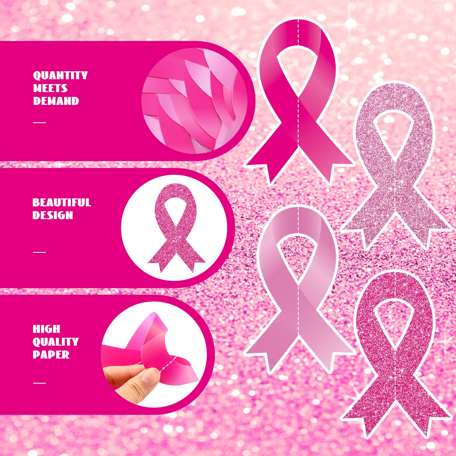 VitalCozy 24 Packs Breast Cancer Awareness Hanging Decorations Breast Cancer Party Decorations Pink Ribbon Garland for Faith Cou