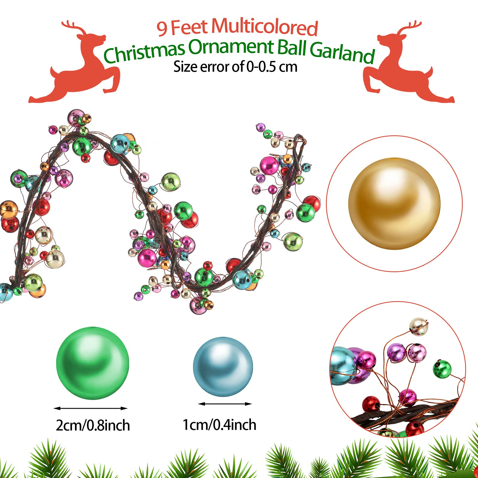 WILLBOND 9 ft Multicolor Christmas Ball Garland Ball Ornaments Hanging Baubles Ornament for Xmas Christmas Tree Fireplace Wreath