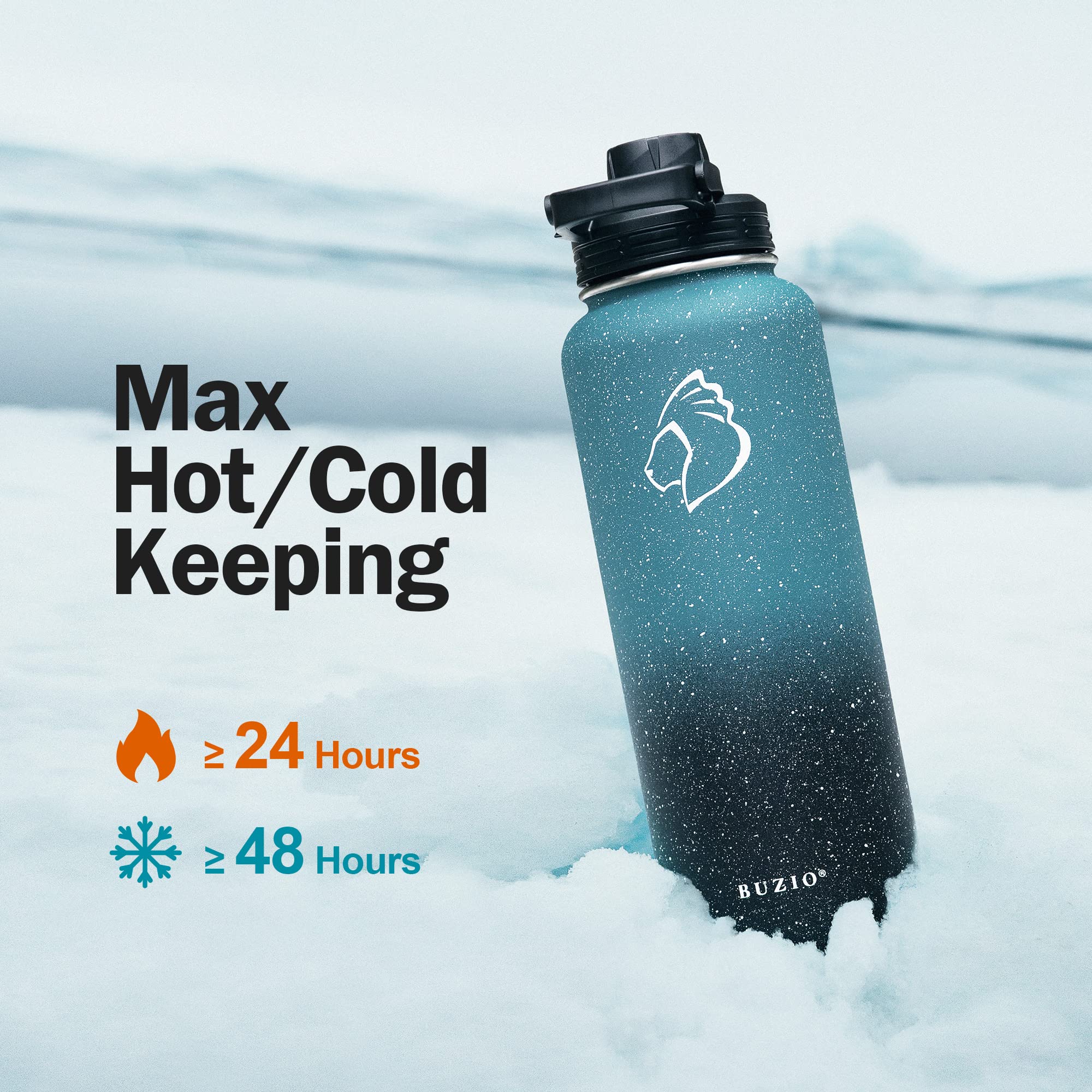 Buzio 40 Oz Water Bottle Insulated With Straw & 3 Lid And Carrying Pouch, Leak Proof Anti-Slip Stainless Steel Water Flask Jug,