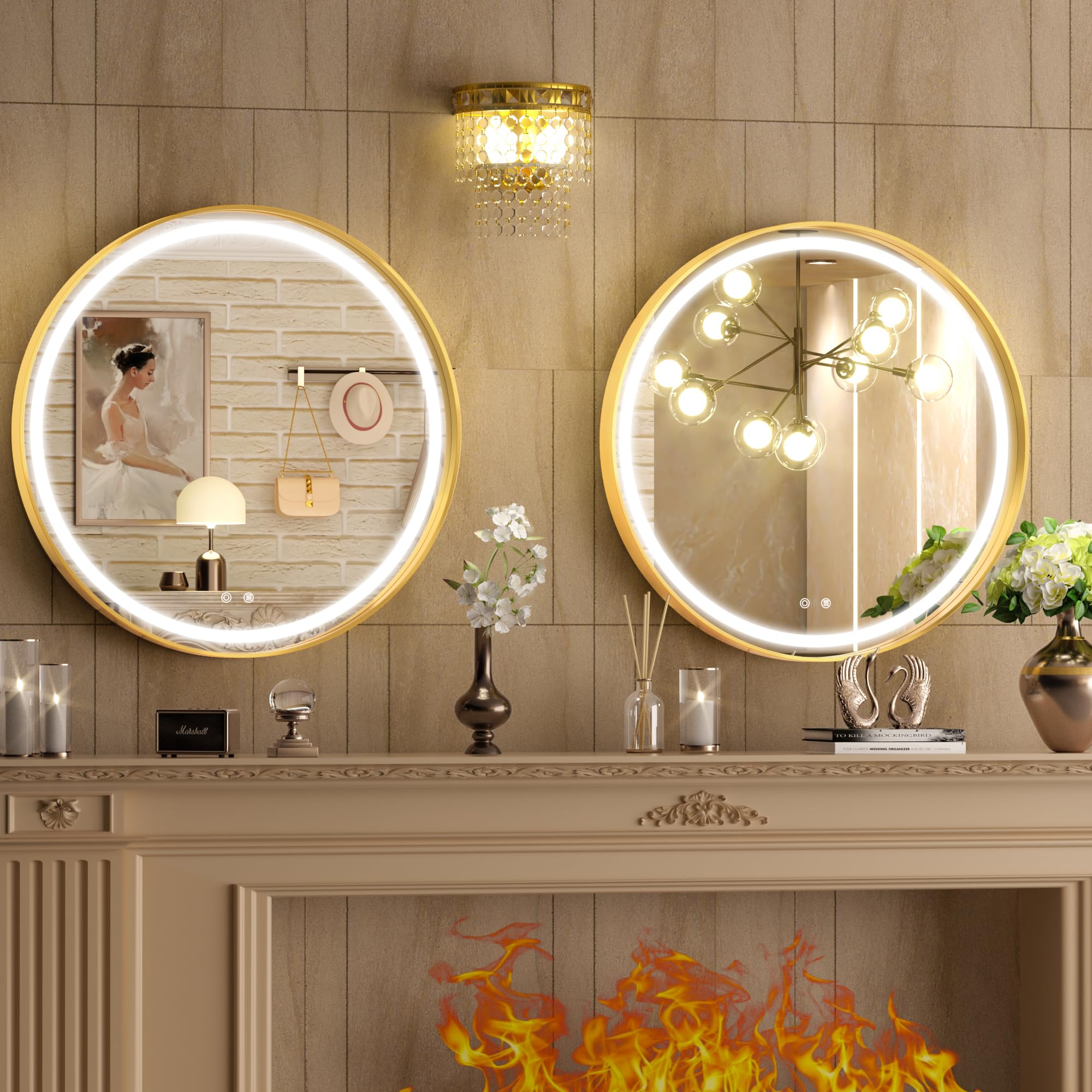 Hasipu 24 Round Led Mirror For Bathroom With Lights, Gold Circle Vanity Mirror For Wall, Metal Framed Frontlit Bathroom Mirrors