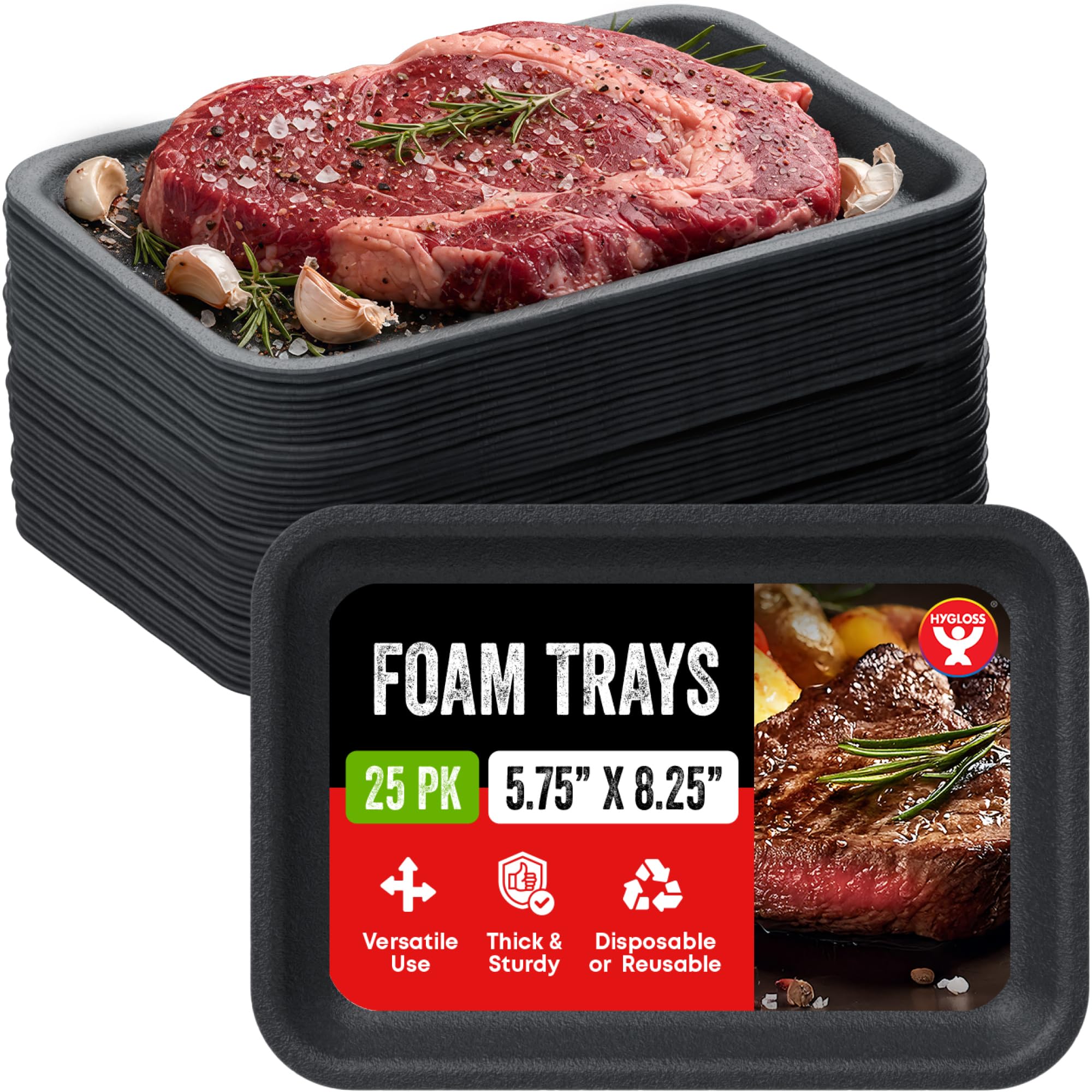 Hygloss Black Foam Trays for Food & Crafts - 5.75 x 8.25 Inch - Pack of 25 - Multipurpose Rectangle Foam Meat Trays for Food Pre