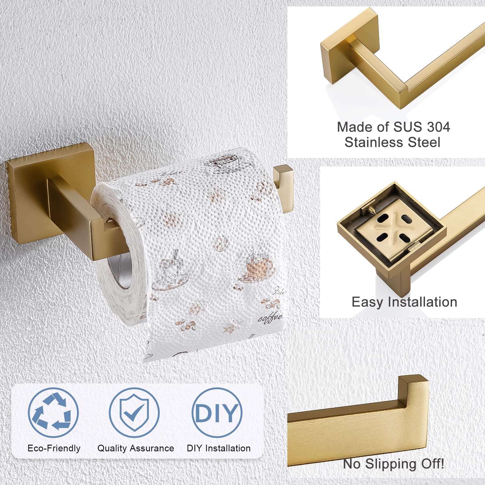 Tqkag Brushed Gold Toilet Paper Holder Sus304 Stainless Steel, Modern Square Tissue Roll Holders Wall Mount, Toilet Paper Roll D