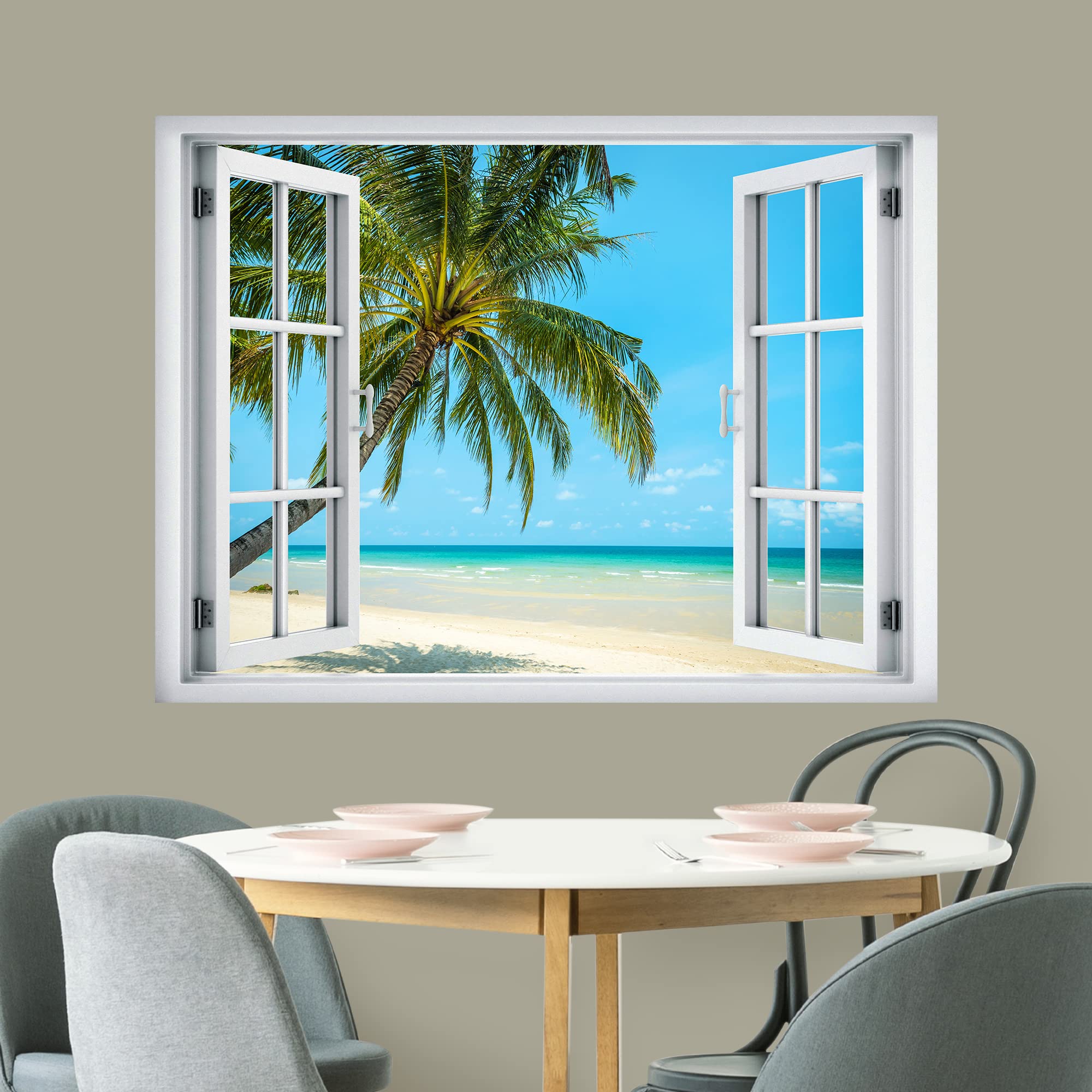 wall26 Removable Wall Sticker/Wall Mural Window View Tropical Beach Palm Tree Island Paradise Nature Wilderness Photography Realism Landscape Multicolor for Living Room  Bedroom  Office - 24''x32''
