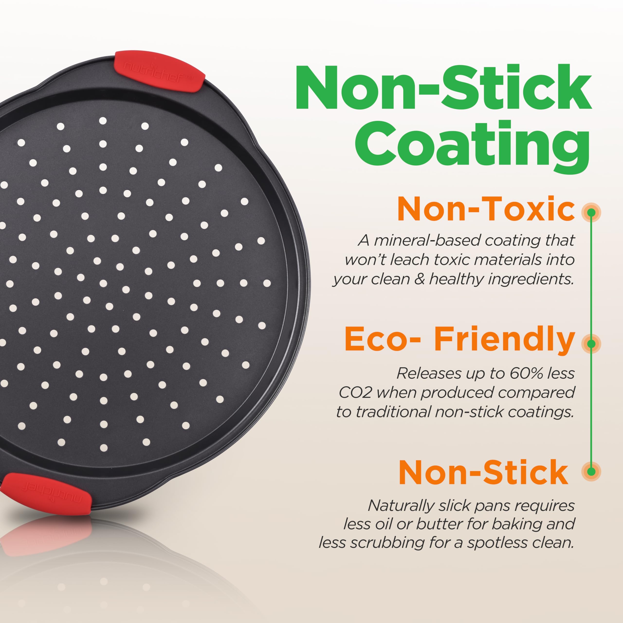 Nutrichef 2-Piece 13-Inch Nonstick Pizza Tray, Round Carbon Steel Non-Stick Pizza Baking Pan With Perforated Holes, Premium Bake