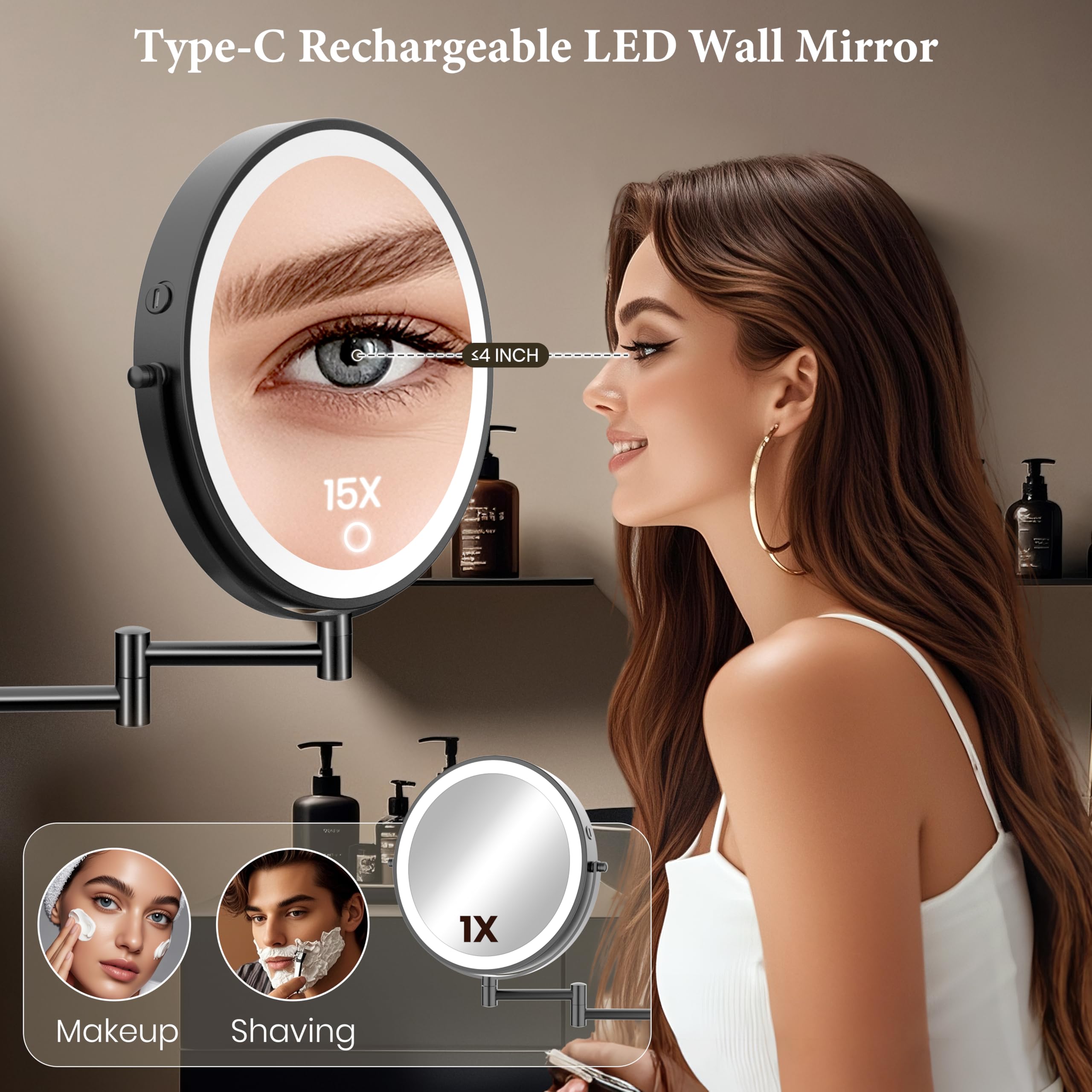 Large Wall Mounted Lighted Makeup Mirror Black Nickel, 1X/20X Magnifying Mirror With 3 Color Light, Led Lights Dimmable 5000Mah