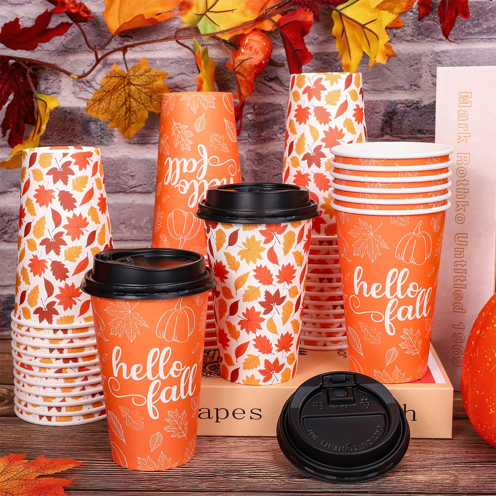 Whaline 50 Pcs Hello Fall Coffee Paper Cups Autumn Leaves Pumpkin 16oz Disposable Cups with Lids for Hot Cold Drinks Thanksgivin