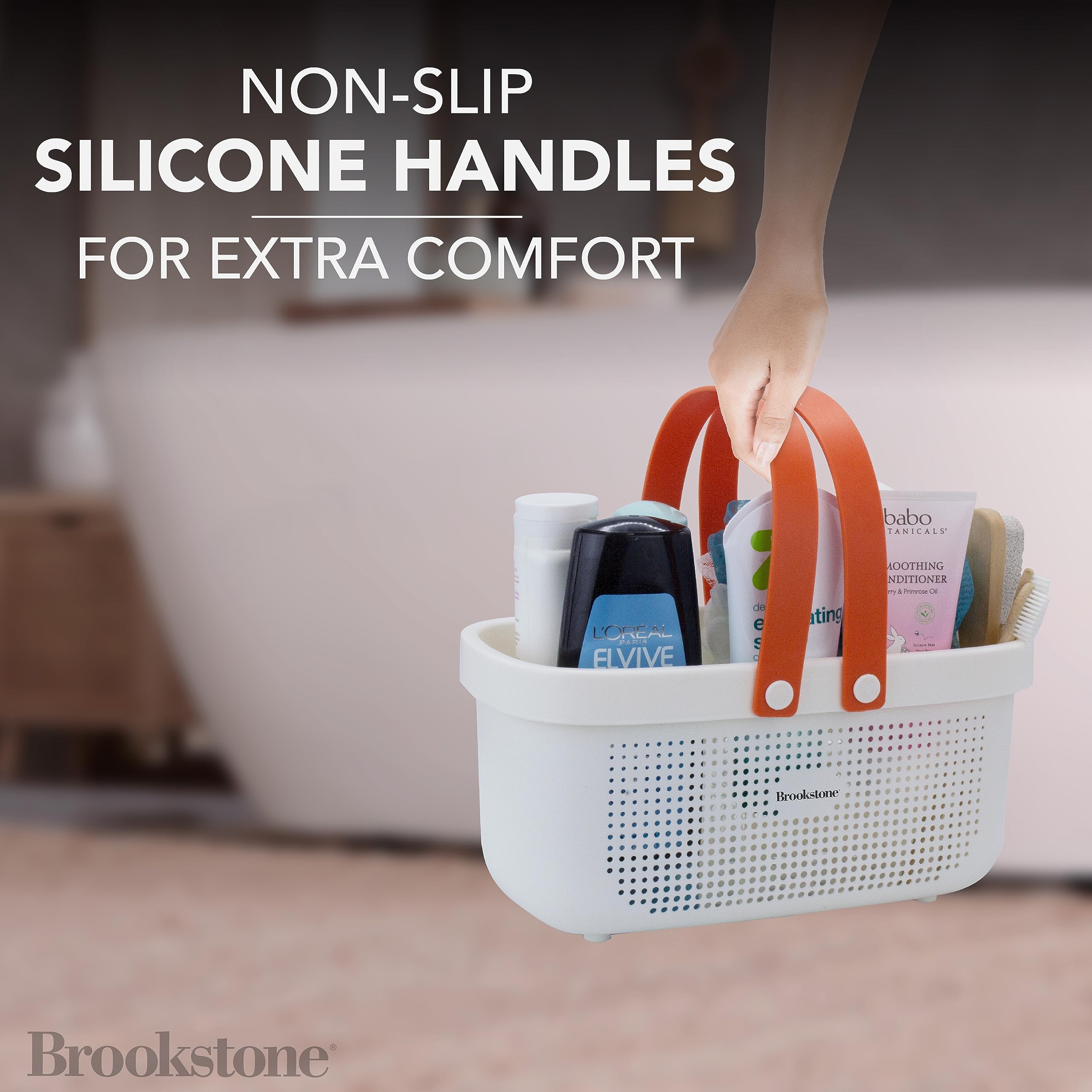 Brookstone Bkh1635, Large Portable Shower Caddy With Soft Silicone Carrying Handle, Bathroom Organizer Basket, Plastic Bath Tote