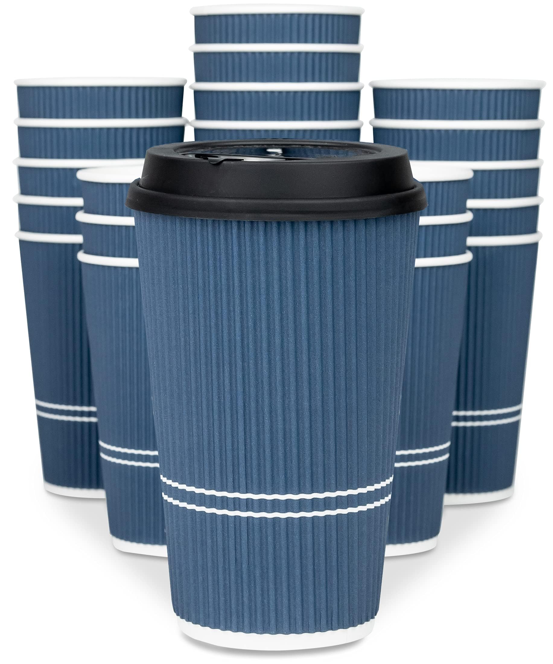 Glowcoast Disposable Coffee Cups With Lids - 16 oz To Go Coffee Cup (70 Set). Large Travel Cups Hold Shape With Hot and Cold Drinks  No Leaks! Insulated Ripple Cups Protect Hands  No Sleeves needed!