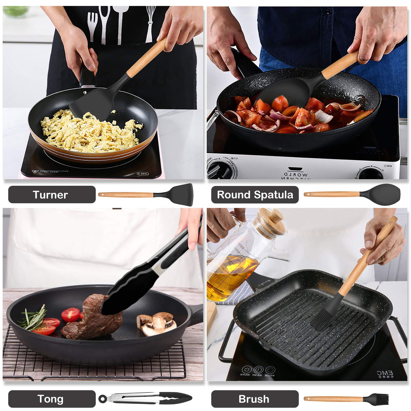 Lianyu 13-Piece Silicone Kitchen Cooking Utensils Set With Holder, Wooden Handle Utensils For Cooking, Kitchen Tools Include Spa