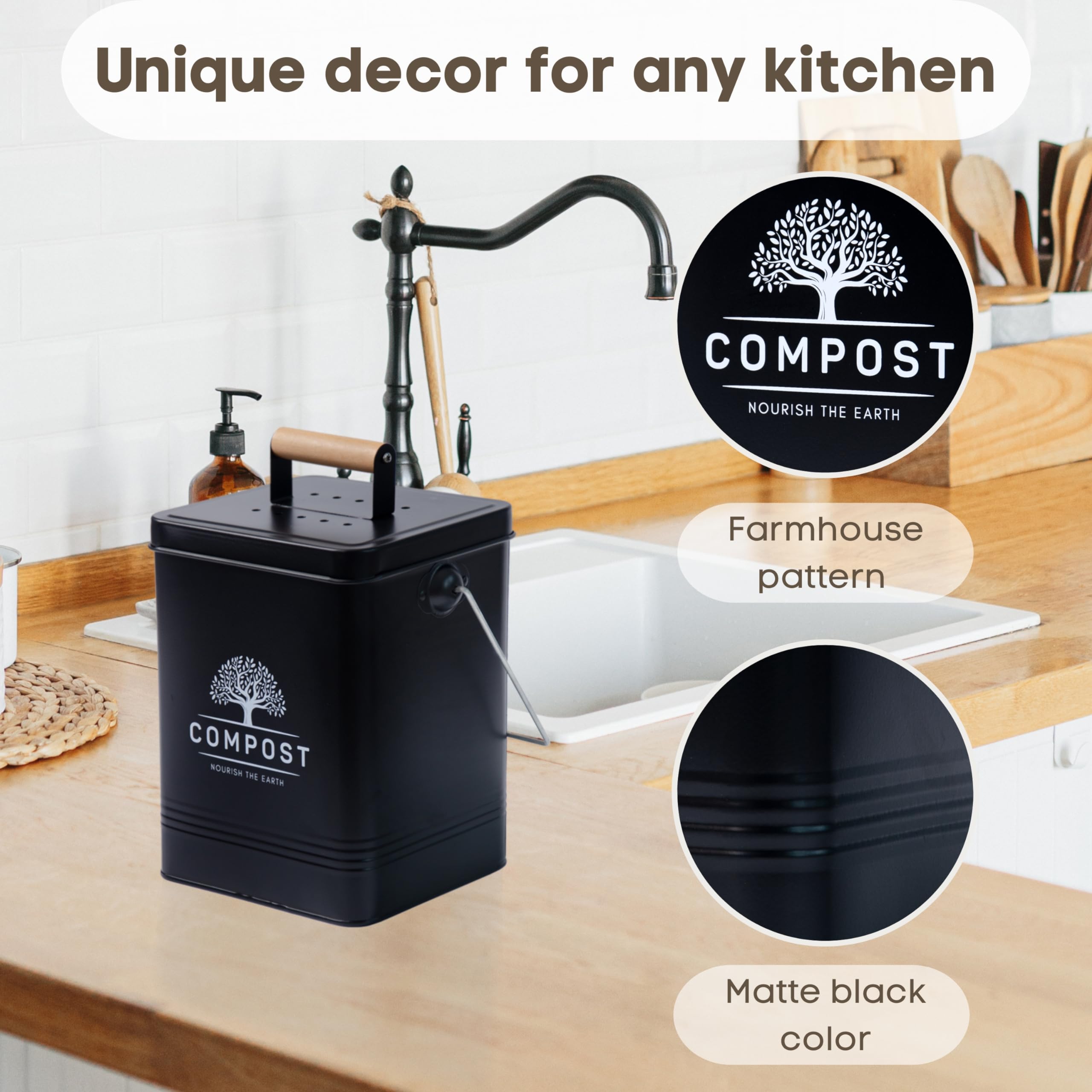 Perfnique Kitchen Compost Bin, 1.7 Gallon Countertop Compost Bin With Lid, Indoor Compost Bin Includes 2 Carbon Filters, Small C