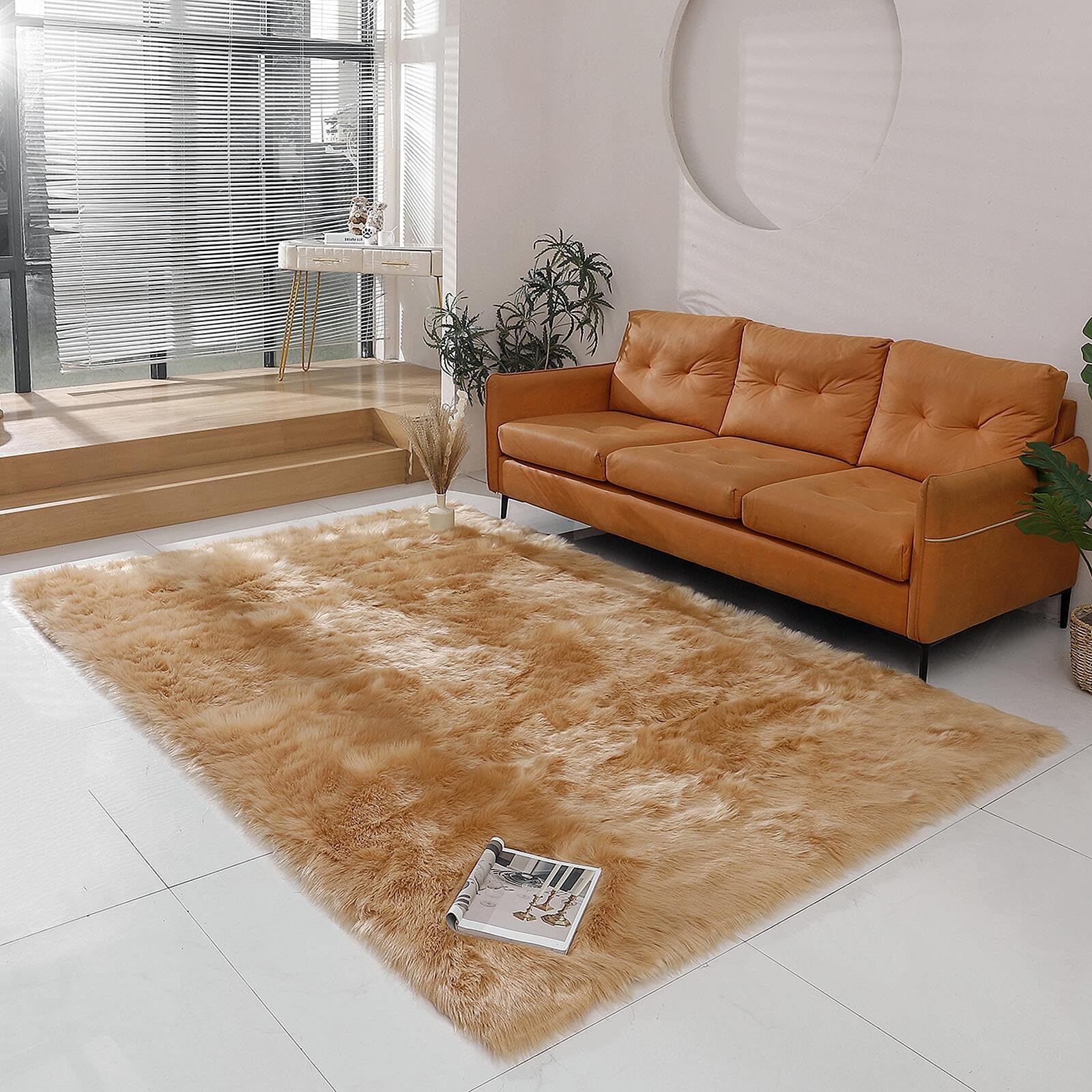 linmopm Faux Fur Rug Sheepskin Shag Fluffy Fuzzy Beige 5x7 ft Rugs for Bedroom Bedside Bed Floor Living Room Plush Rectangle Hig