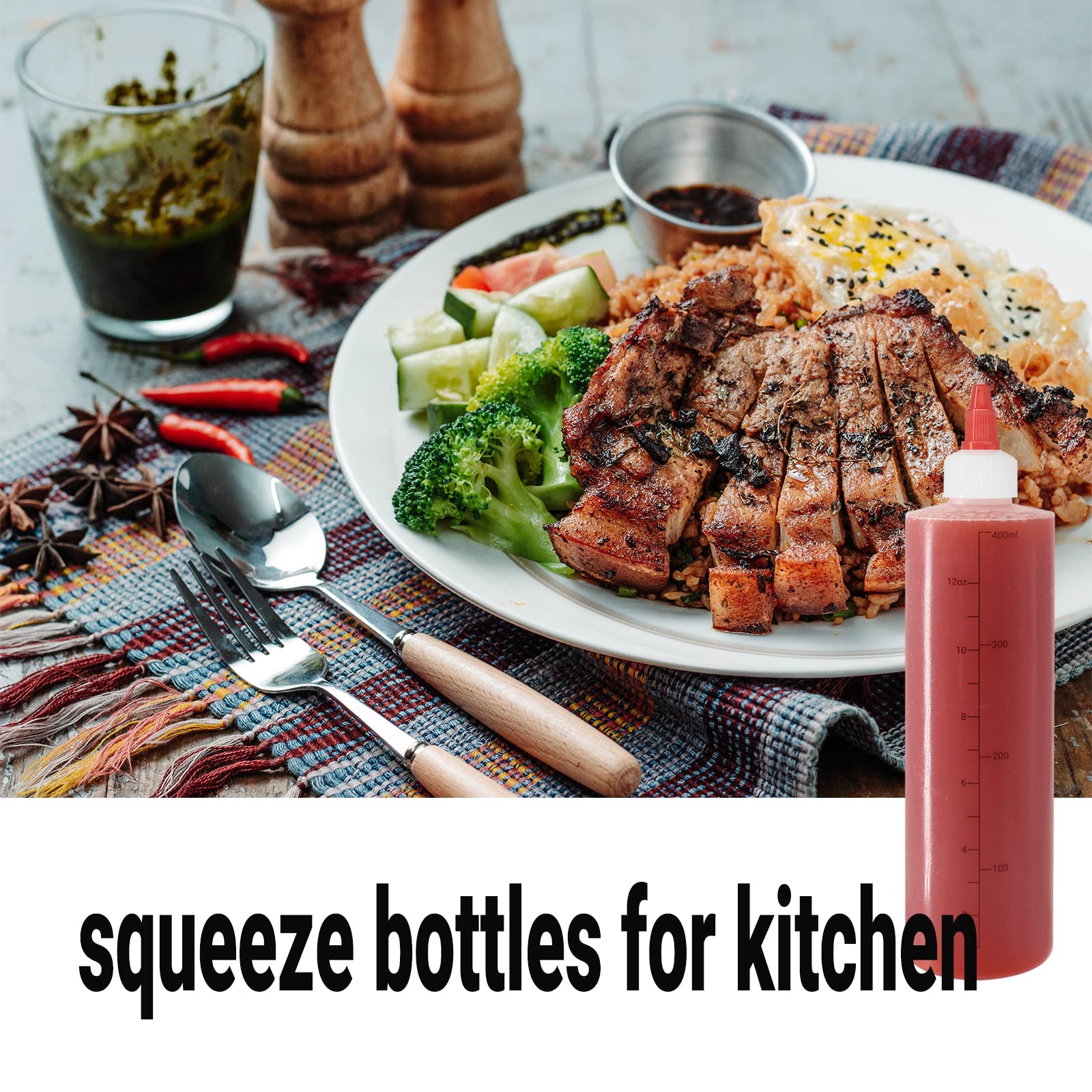 Belinlen 6 Pack 12 Oz Graduated Plastic Squeeze Squirt Condiment Bottles With Red Twist On Cap Lids - For Condiments, Oil, Icing