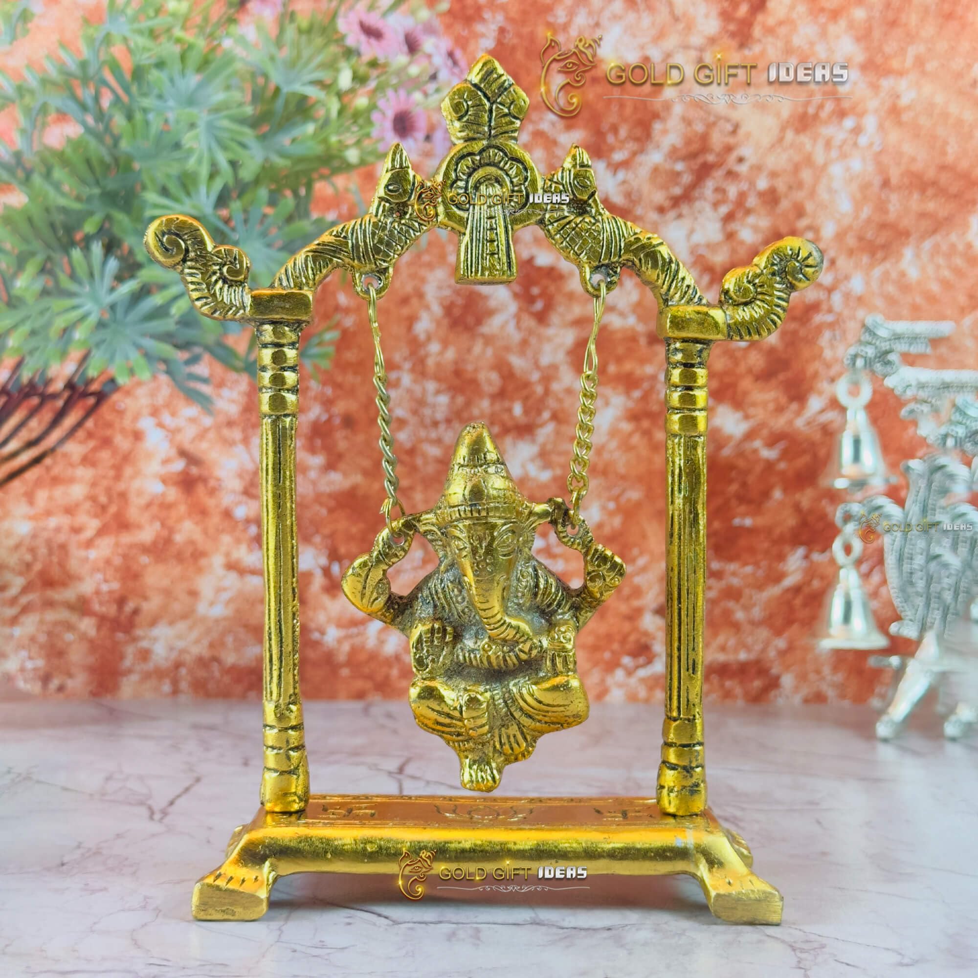Goldgiftideas Oxidized Gold Plated Swing Jhula With Bal Ganesha Idol For Home Temple, Jhula Ganesh For Pooja, Return Gift For Ba