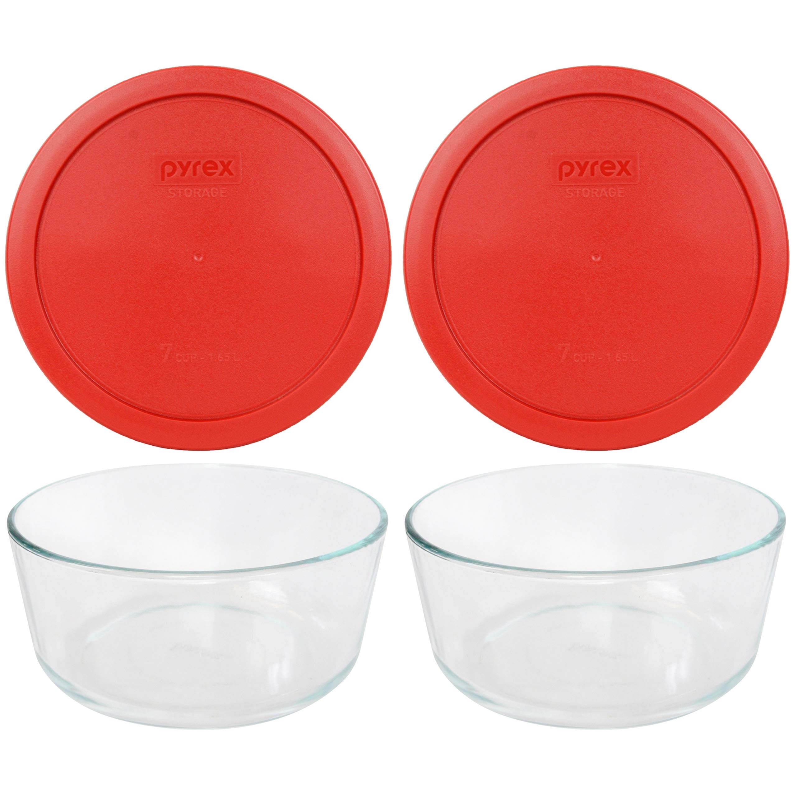 Pyrex 7203 (7Cup) Glass Bowls With Poppy Red Lids (2Pack)  Made in USA