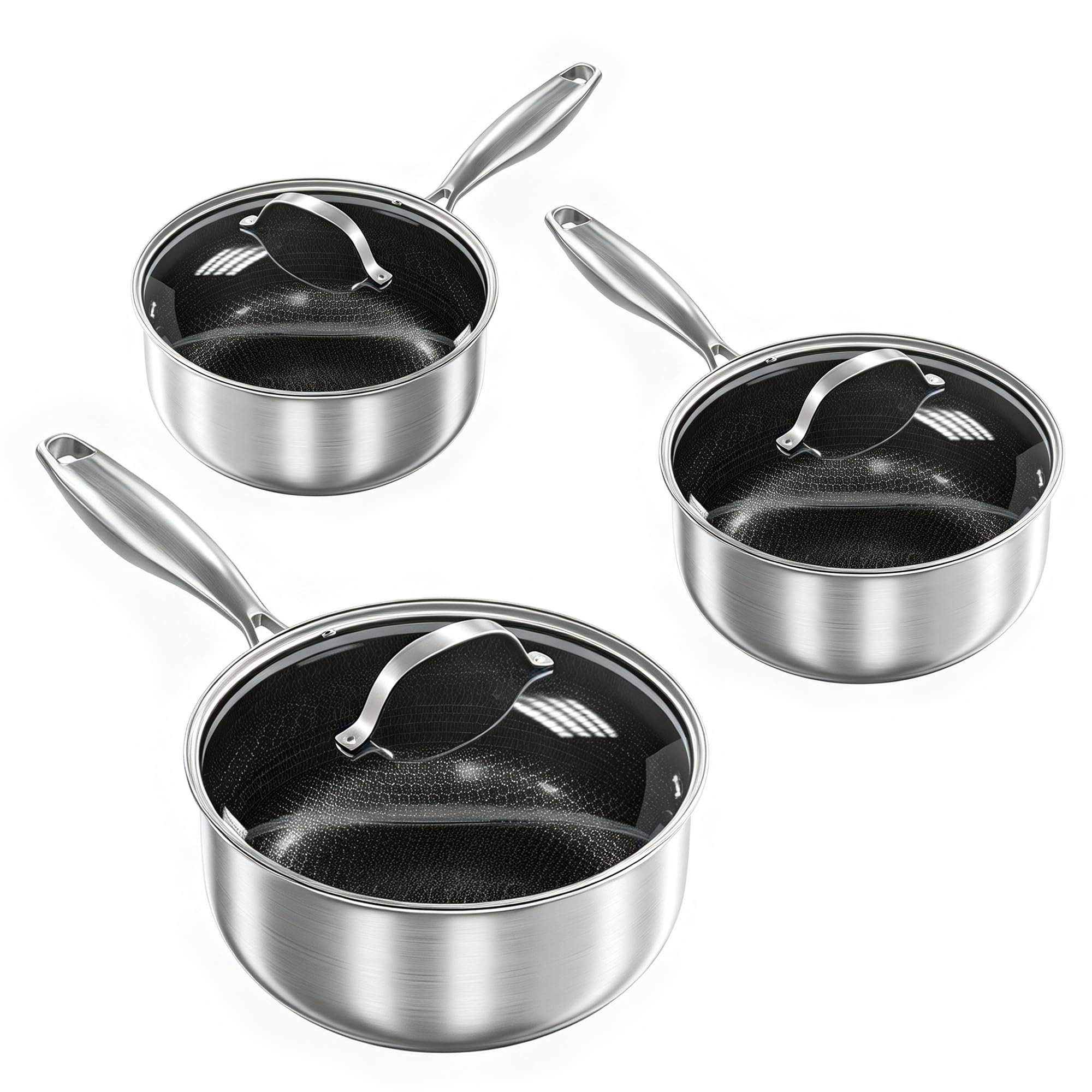 Garvee 3Ply Stainless Steel Saucepan Set with Lids 1.5QT & 2.5QT & 3QT