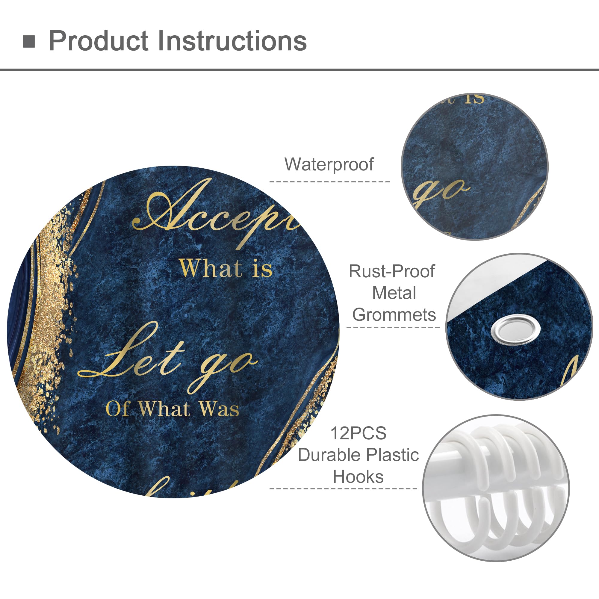 Omifly Navy Blue Marble Shower Curtain 60Wx72H Inch Inspirational Quotes Abstract Gold Veins Modern Luxury Aesthetic Fluid Ink T