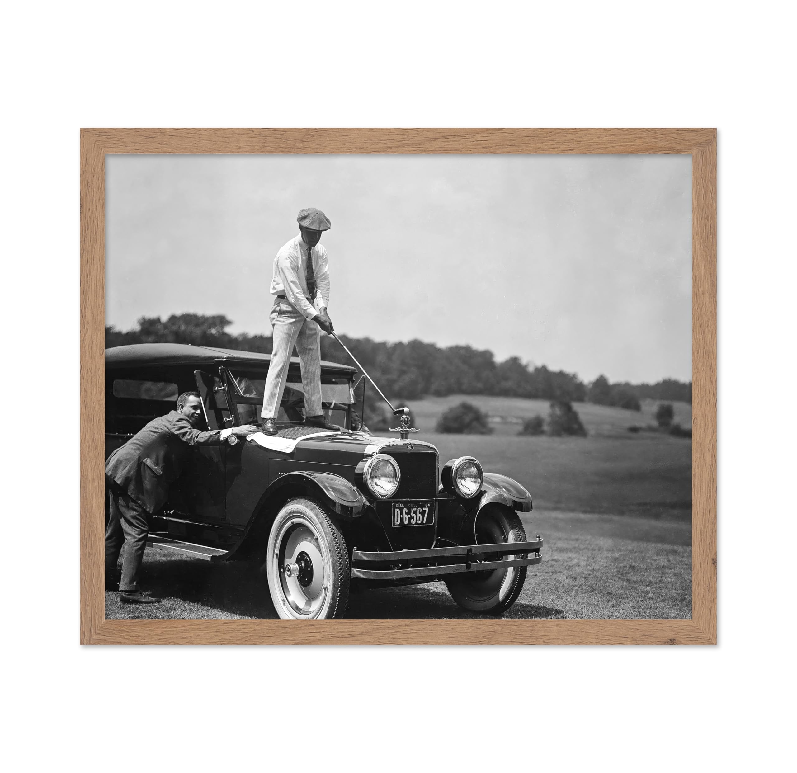 Poster Master Vintage Photograph Poster - Retro Funny Print - Gift for Artist, Friend - Golfer on Top of Antique Car, Athlete, M