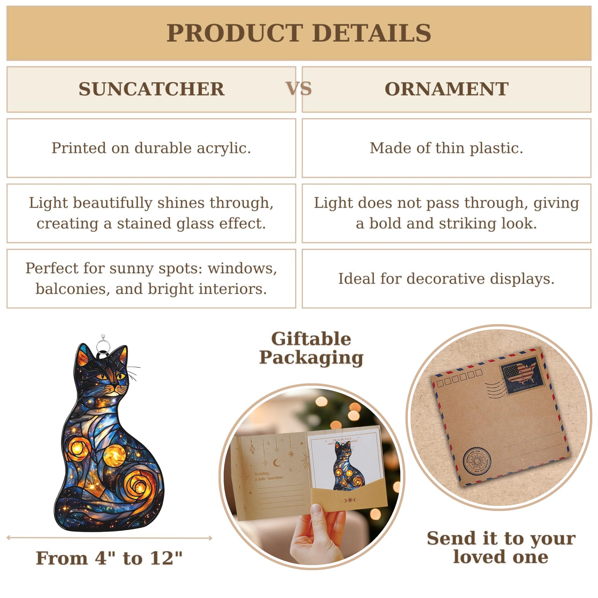 Celestial Cat Acrylic Suncatcher Stained Glass Effect Window Car Hanging Christmas Ornament Indoor Outdoor Decor Garden Sun Catc
