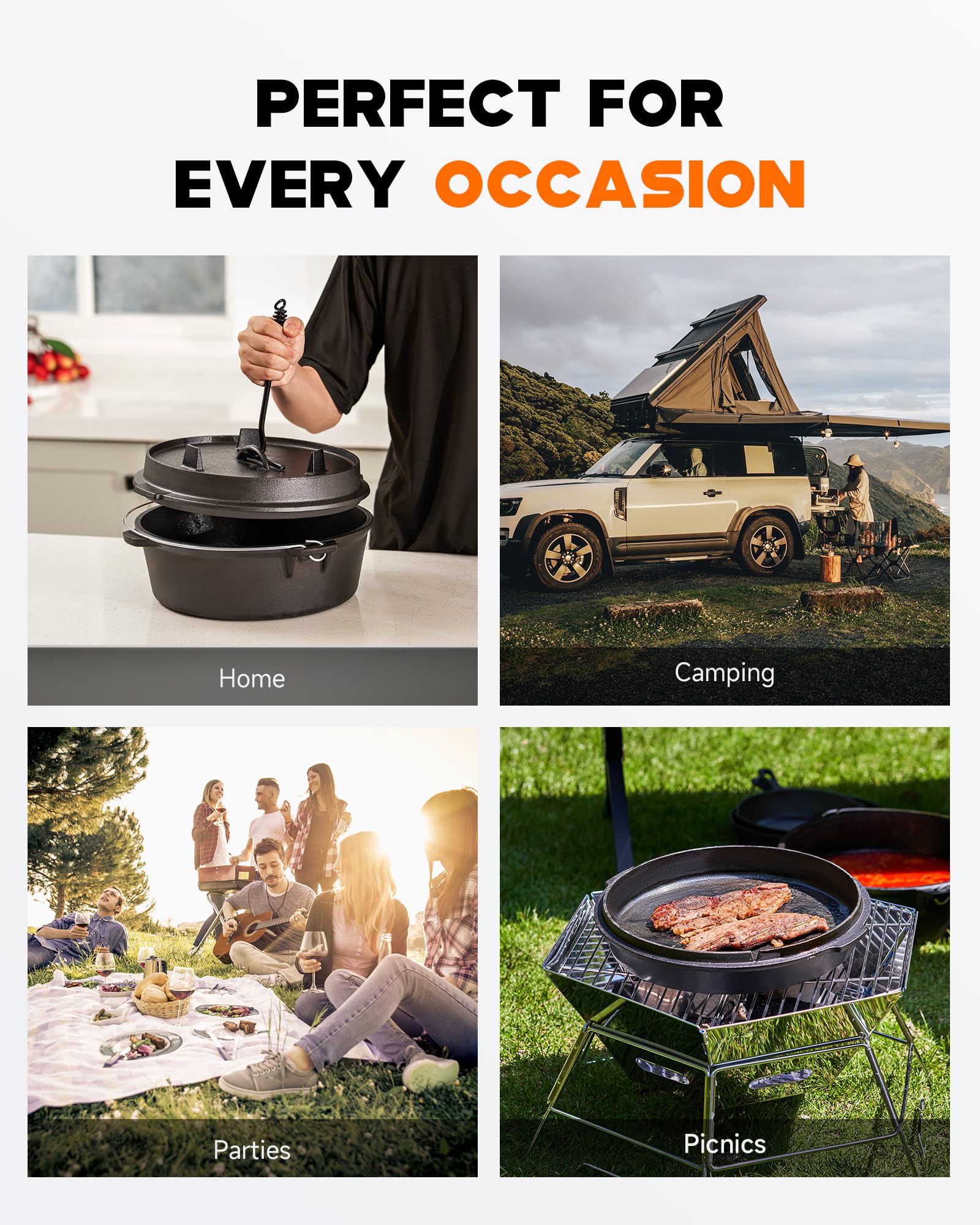 Dartmoor 9 Quart Pre-Seasoned Cast Iron Dutch Oven With Lid And Lid Lifter Tool Outdoor Deep Camp Pot For Camping Fireplace Cook