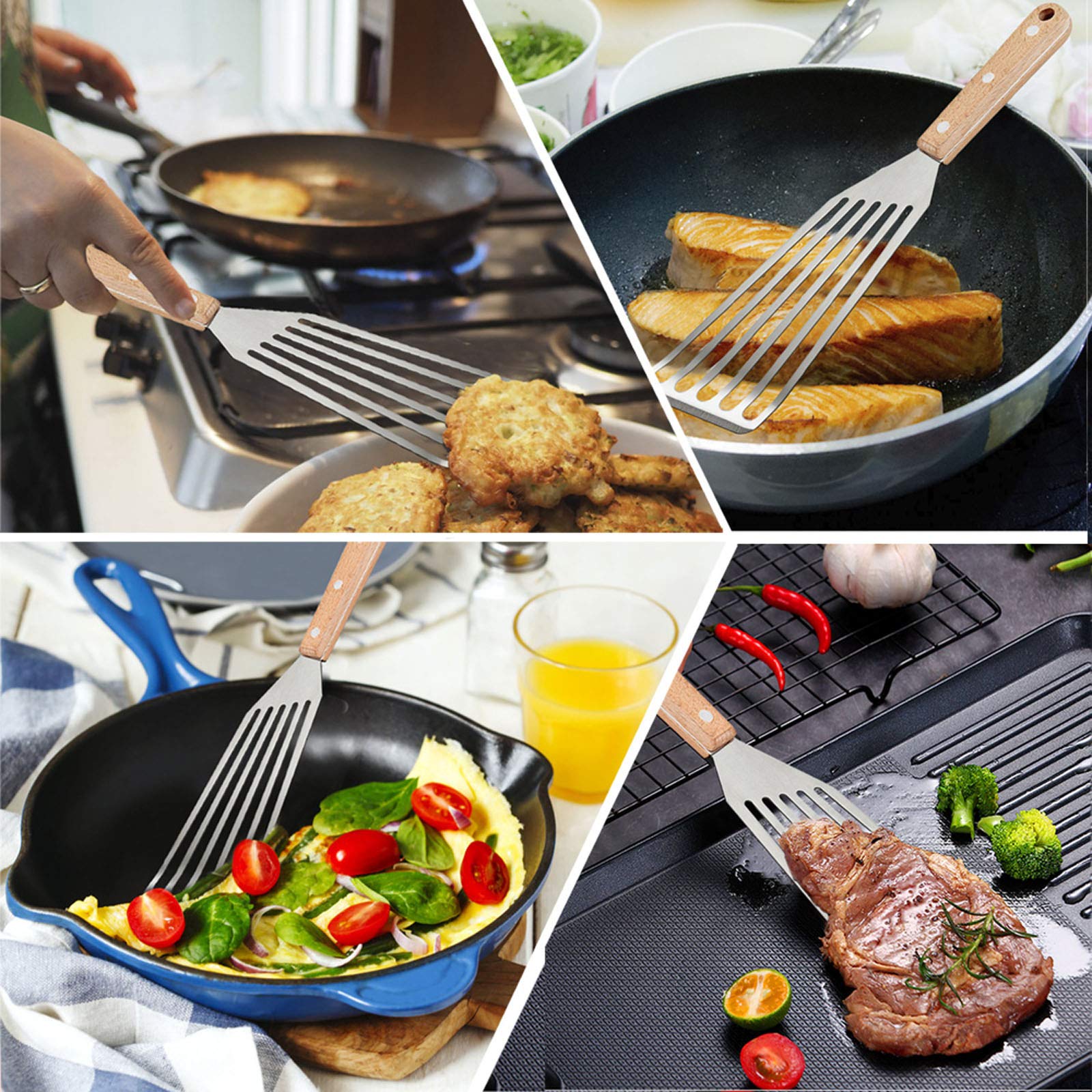 Fish Spatula Set Of 2, Hasteel Stainless Steel Slotted Spatula Turner With Riveted Wooden Handle, Professional Metal Spatulas Gr