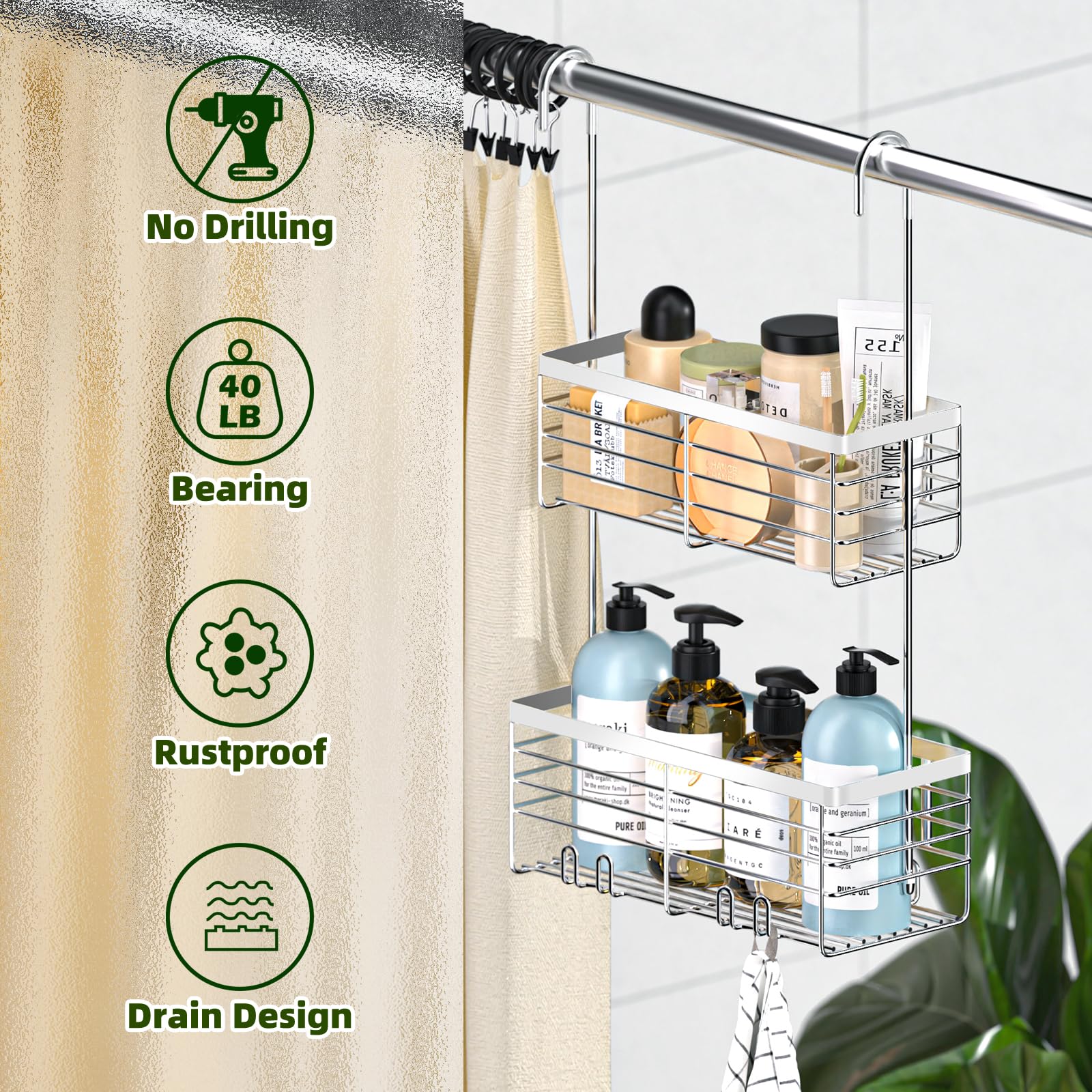 Yuoros Shower Caddy Hanging, 2 Tier Over The Door Shower Organizer Rack 304 Stainless Steel Rustproof (Elegant Silver)
