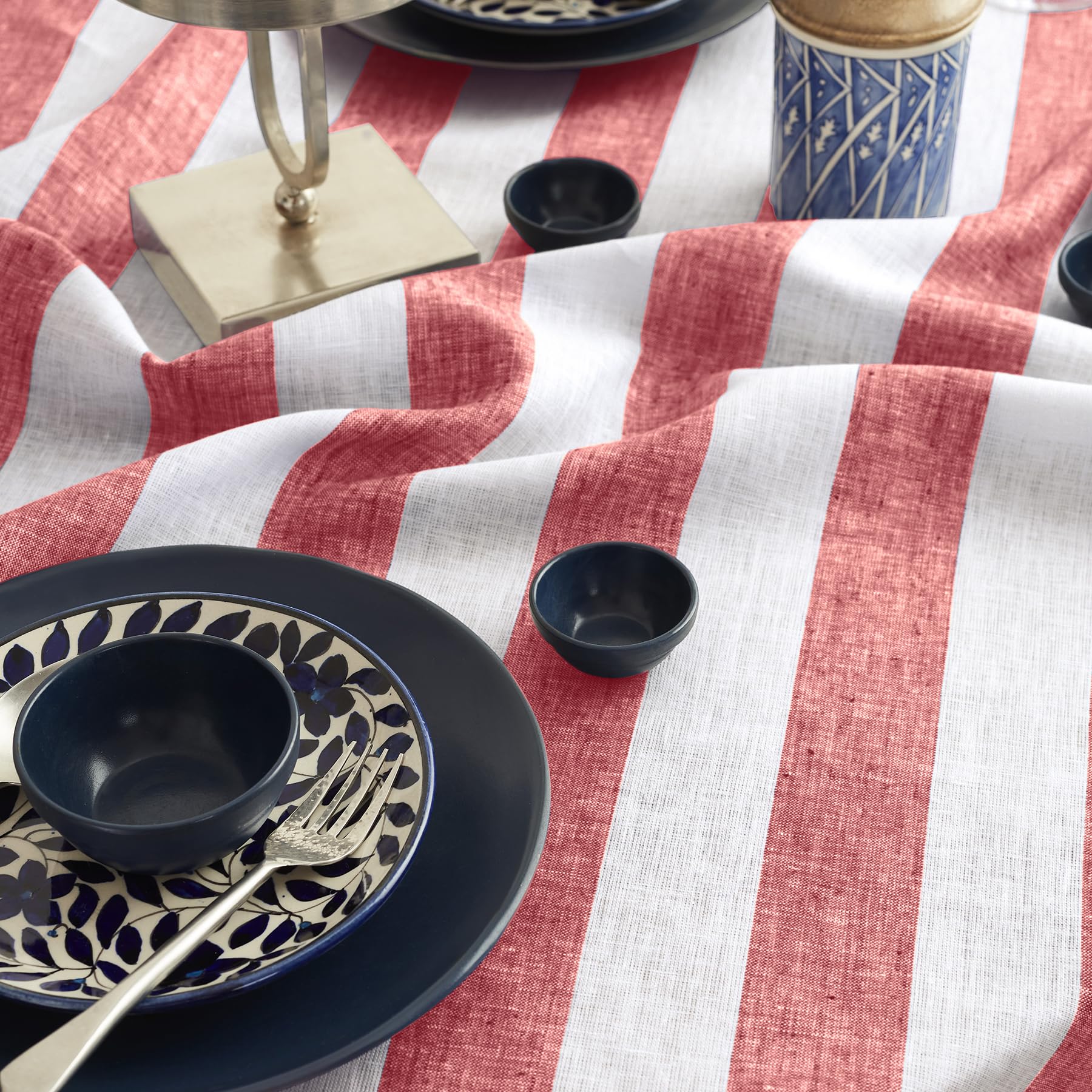 Solino Home Cabana Stripe Linen Tablecloth 52 X 52 Inch - 100% Pure Linen Red And White Table Throw For Spring - Handcrafted And