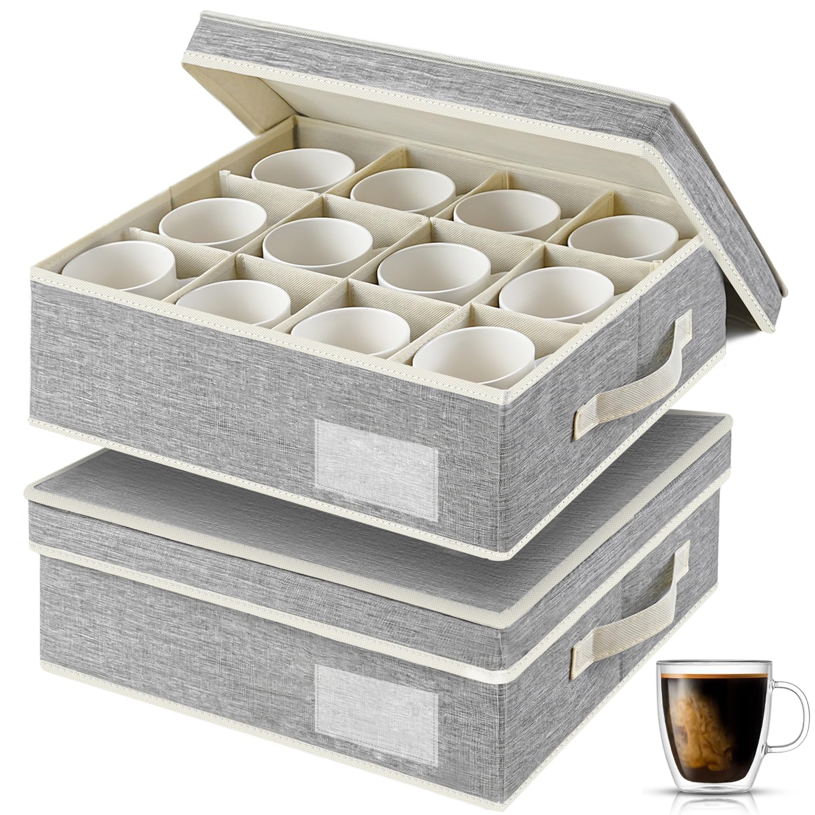 Euct 2 Pack Mug Storage Box with Dividers,Grey Cup Organizer for Tea Cup,Coffee Mug,Glass Cups,Coffee Cup Storage with Handles,S