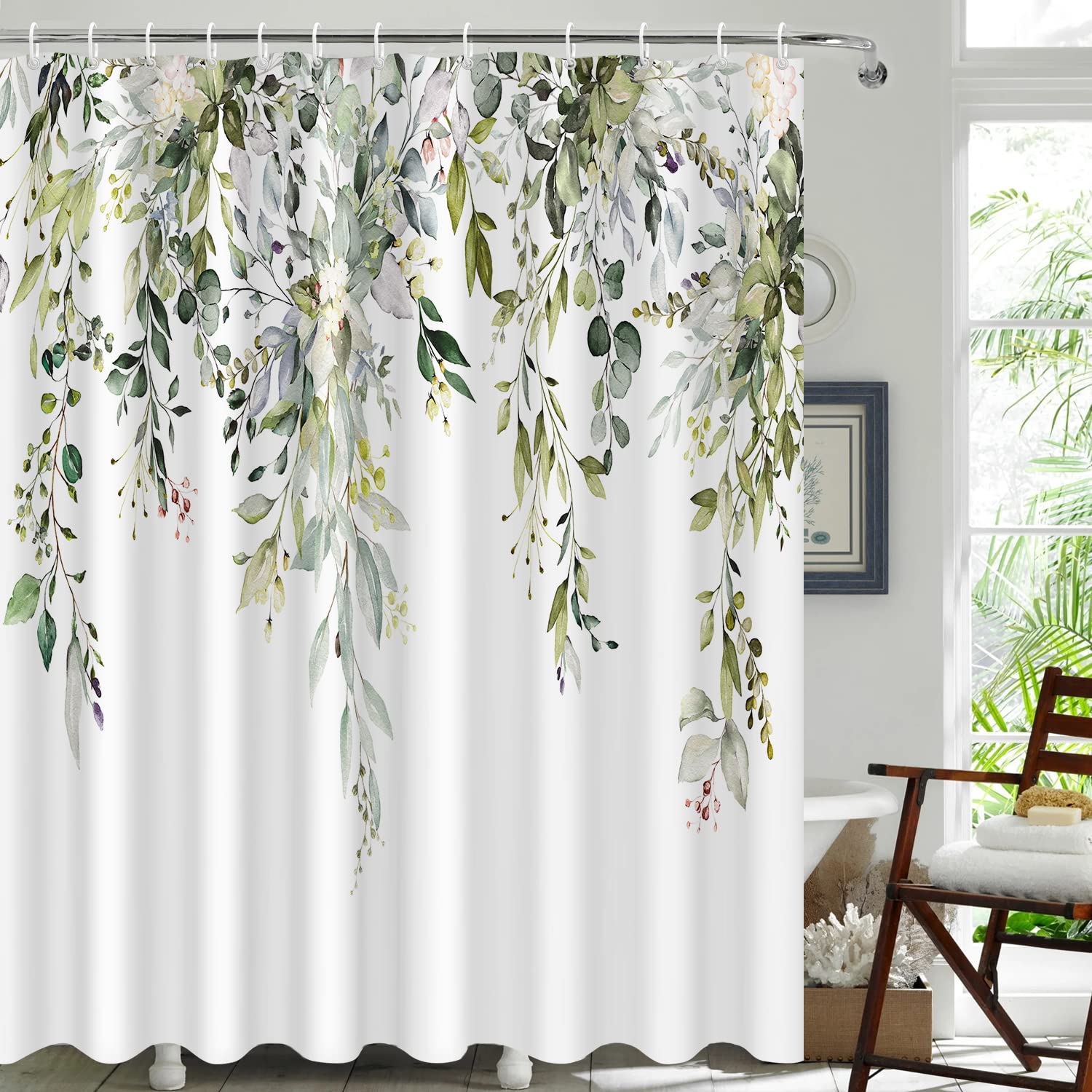 Nuseiis Extra Long Sage Green Shower Curtains 72 X 84, Fabric Long Eucalyptus Leaves Shower Curtain Sets, Watercolor Floral Plan