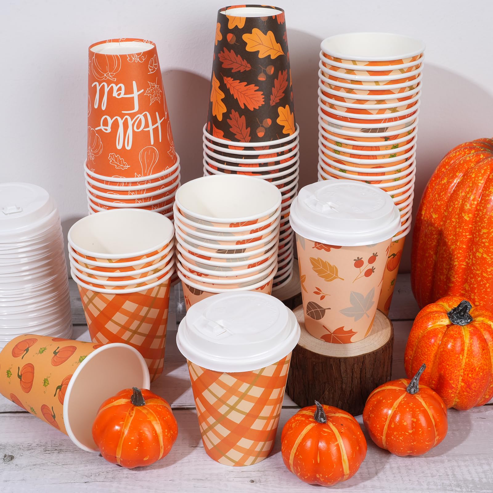 100Pcs 12Oz Fall Disposable Coffee Cups with Lids, Disposable Thanksgiving Cups for Hot Cold Coffee Maple Leaves Pumpkin Paper D