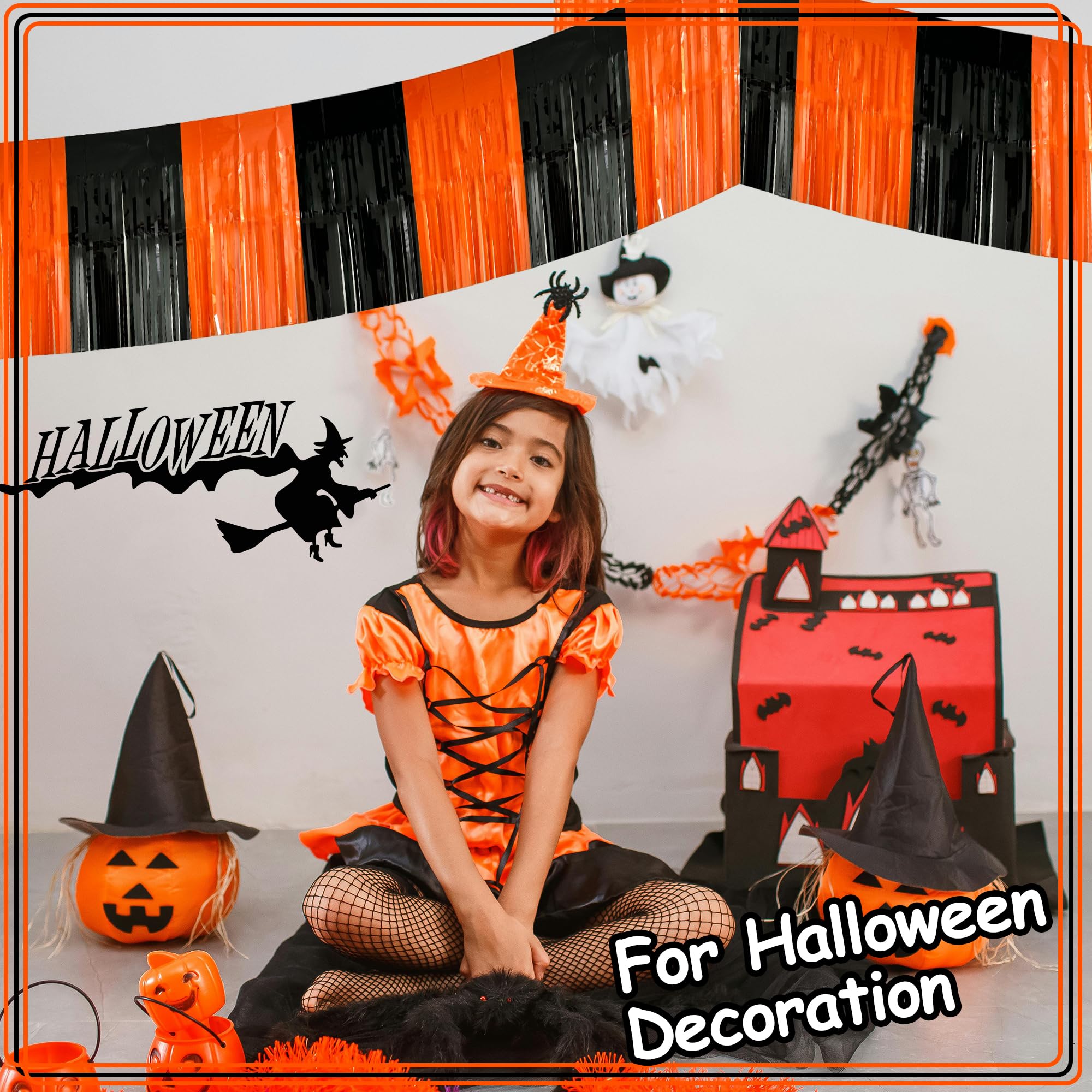 2 Pack 10 Feet Black Orange Halloween Parade Float Decorations for Trailer Car, Foil Fringe Tinsel Streamers Banner Garland for