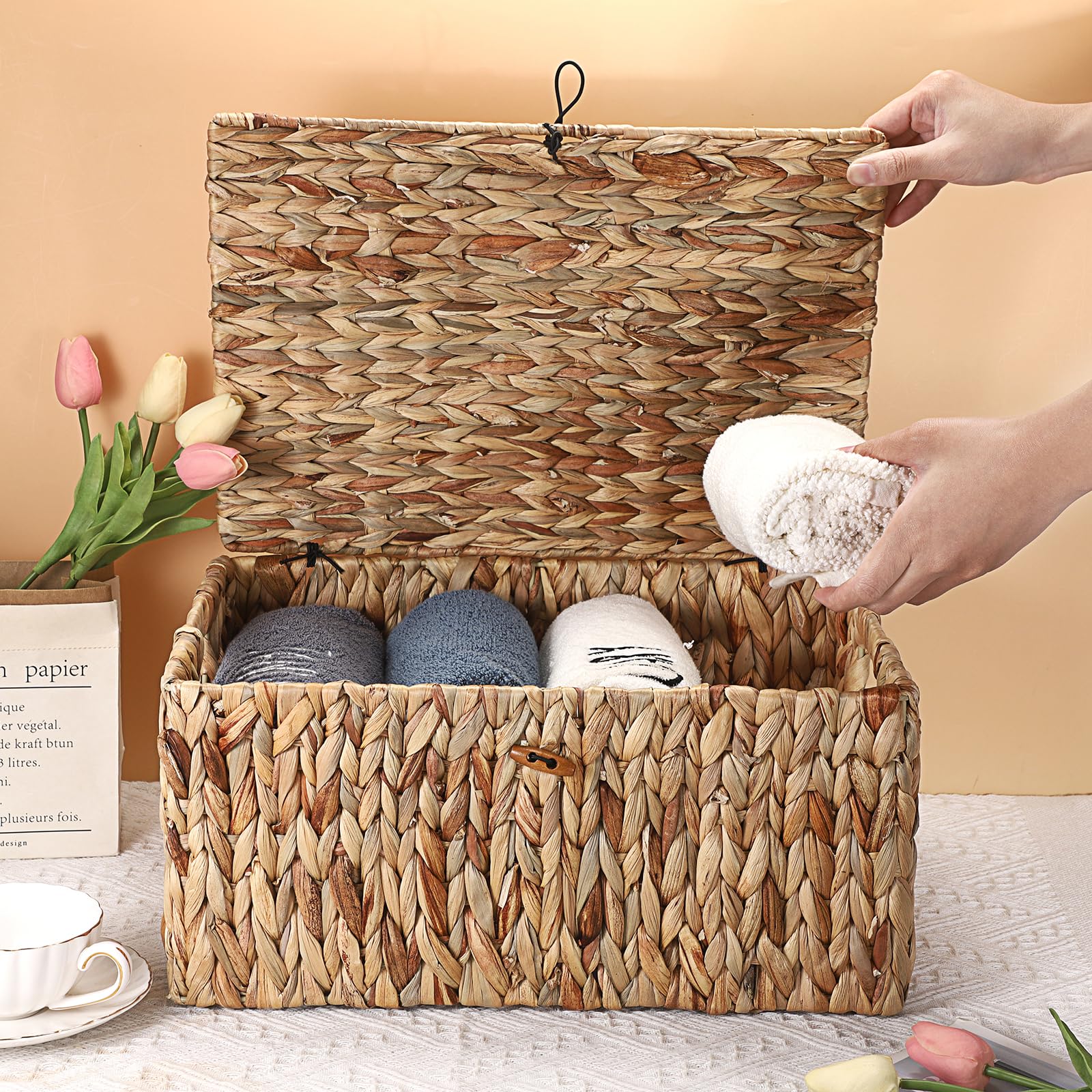 Hipiwe Wicker Storage Bins With Lid, X-Large Handwoven Water Hyacinth Wicker Baskets Rectangular Decorative Shelf Baskets Bin Bu