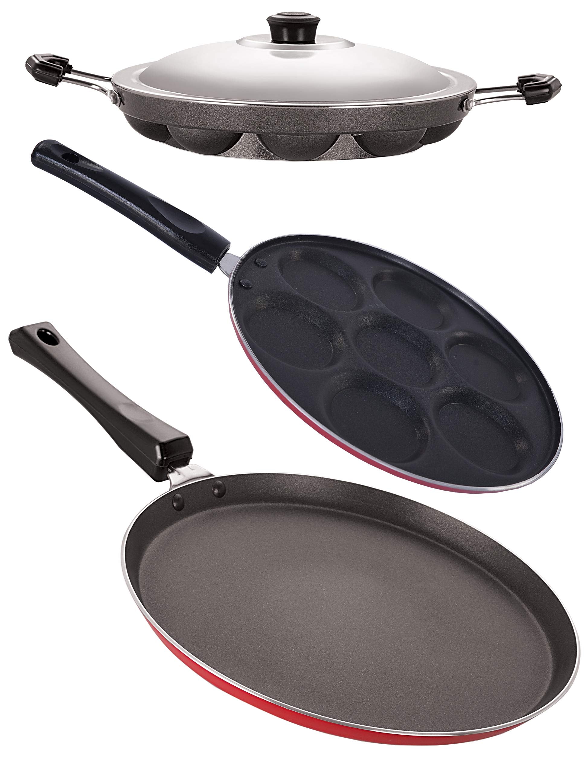 Nirlon NonStick Odor Free 3 Piece Gas Compatible Kitchenware Combo Gift Set With Bakelite Handle, Red And Black Color