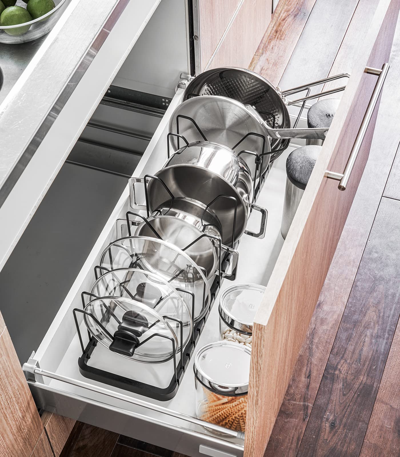 Yamazaki Home Adjustable Lid & Pan Organizer - Kitchen Drawer Storage Shelf Rack Steel One Size Black