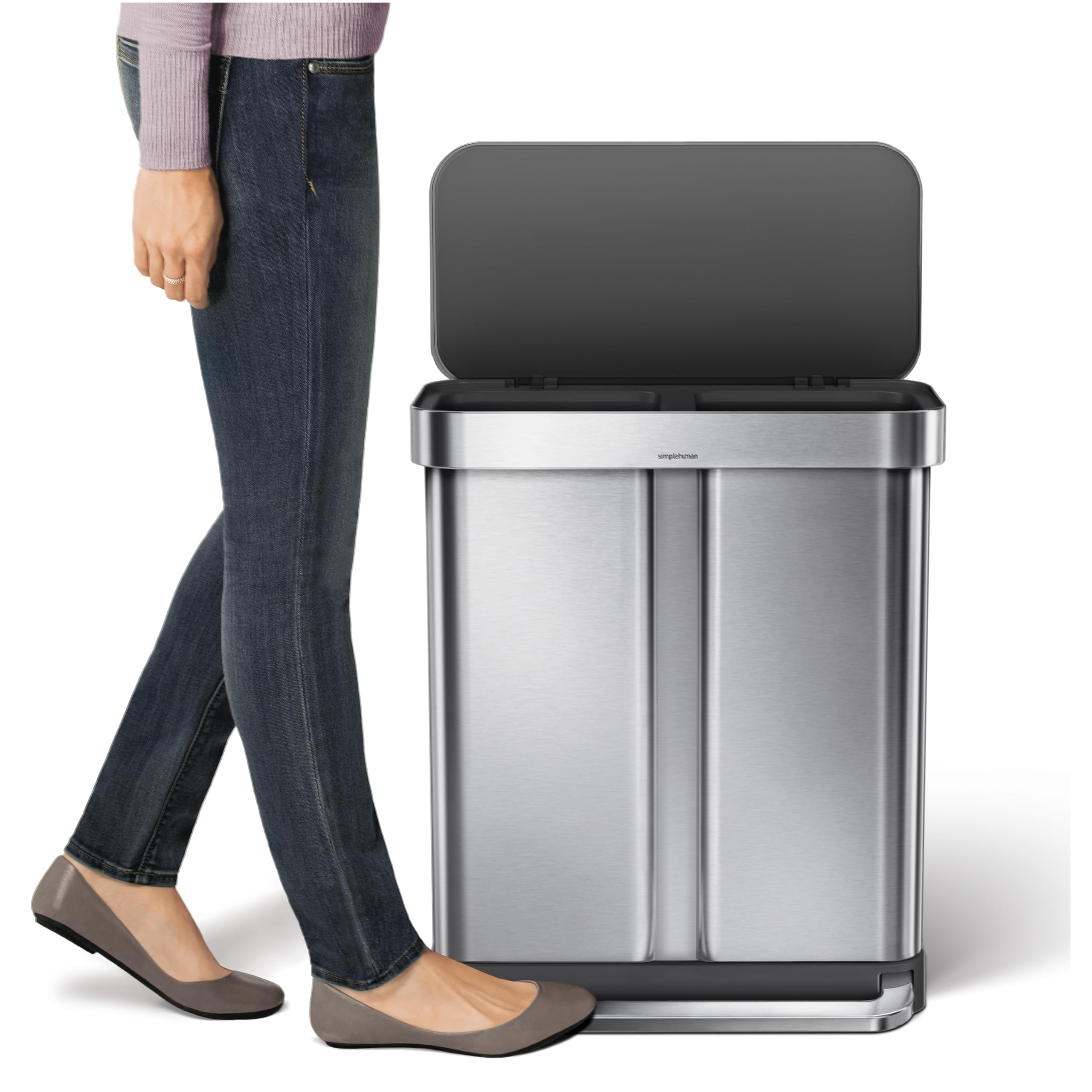 Simplehuman 58 Liter / 15.3 Gallon Rectangular Dual Compartment Recycling Kitchen Step Trash Can With Soft-Close Lid, Brushed St