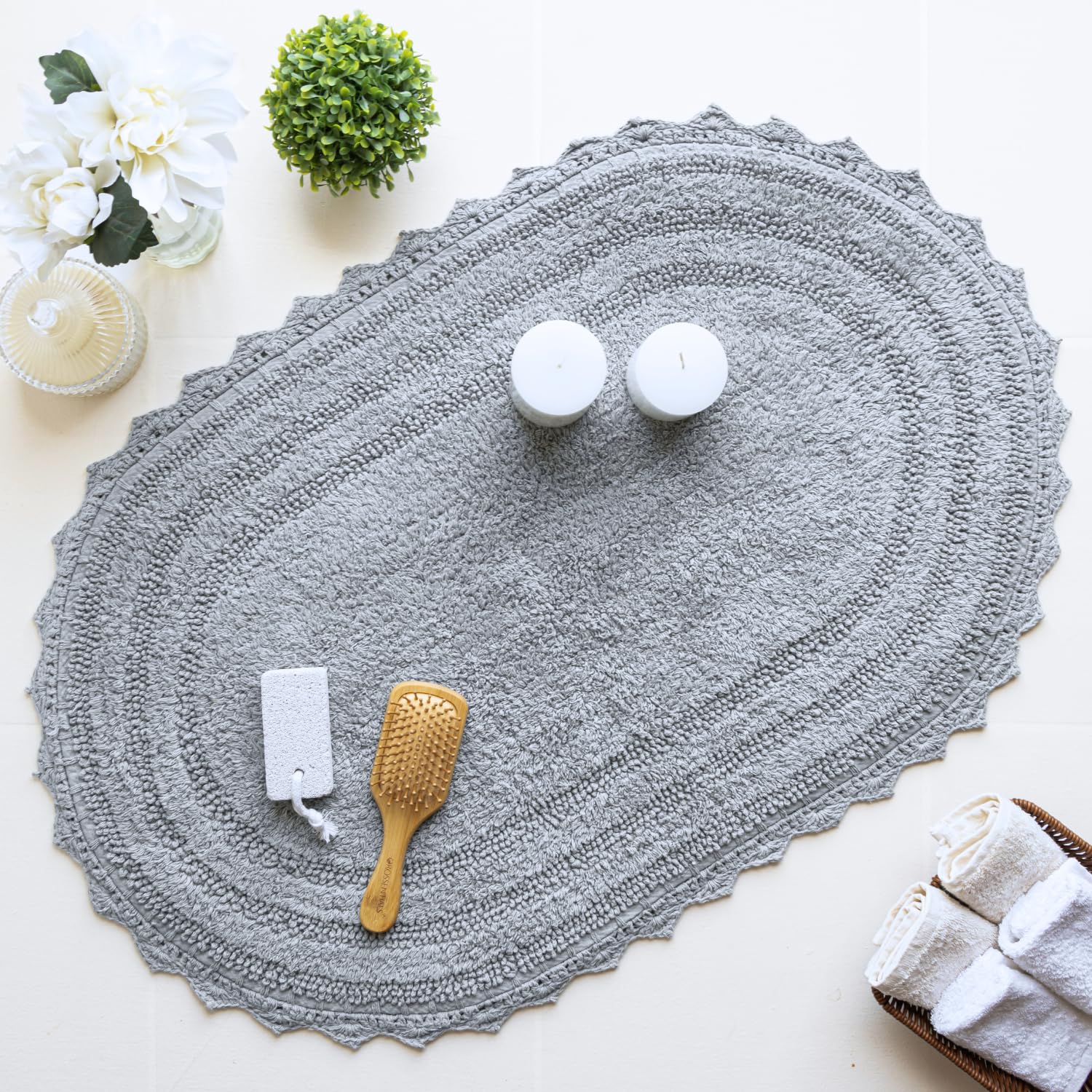 RAJRANG BRINGING RAJASTHAN TO YOU Bath mat for Bathroom Kitchen and Spa with Crochet Pattern Cotton Absorbent Soft Reversible Light Grey Bath Rug Oval 24x17 Inches