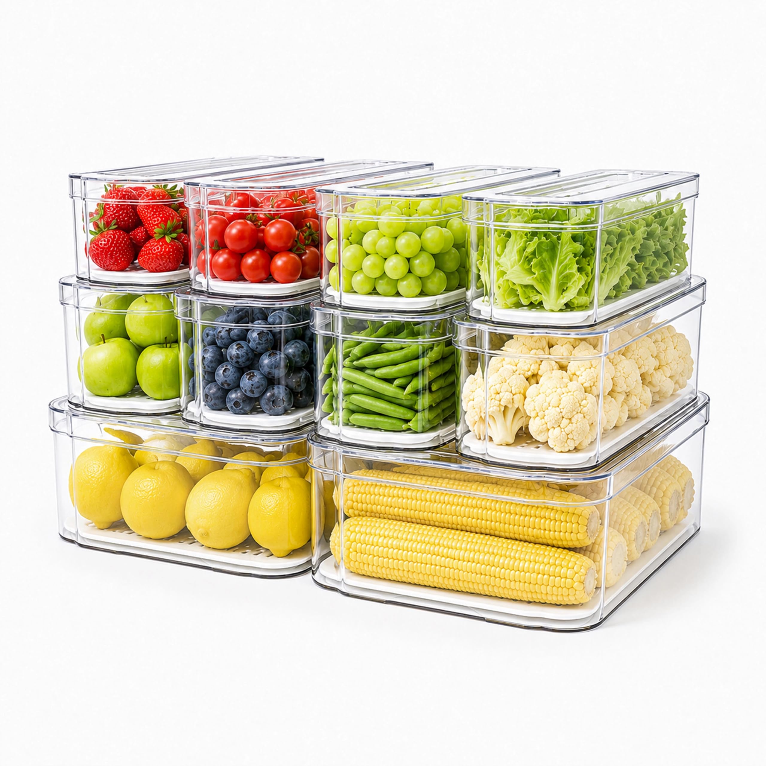 SMRCAD 10 Pack Clear Fridge Organizer Bins with Drain Trays  Stackable