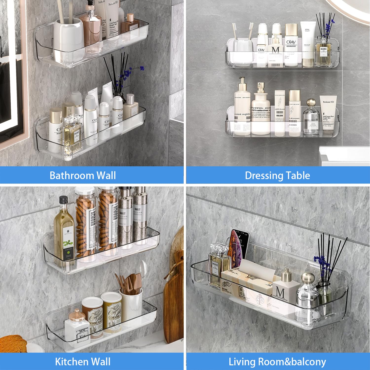 Diesisa 2Pc Plastic Wall Mount Organizer, Adhesive Shelf, Bathroom Shelves For Wall, Self Adhesive Organizer, No Drilling Hang W