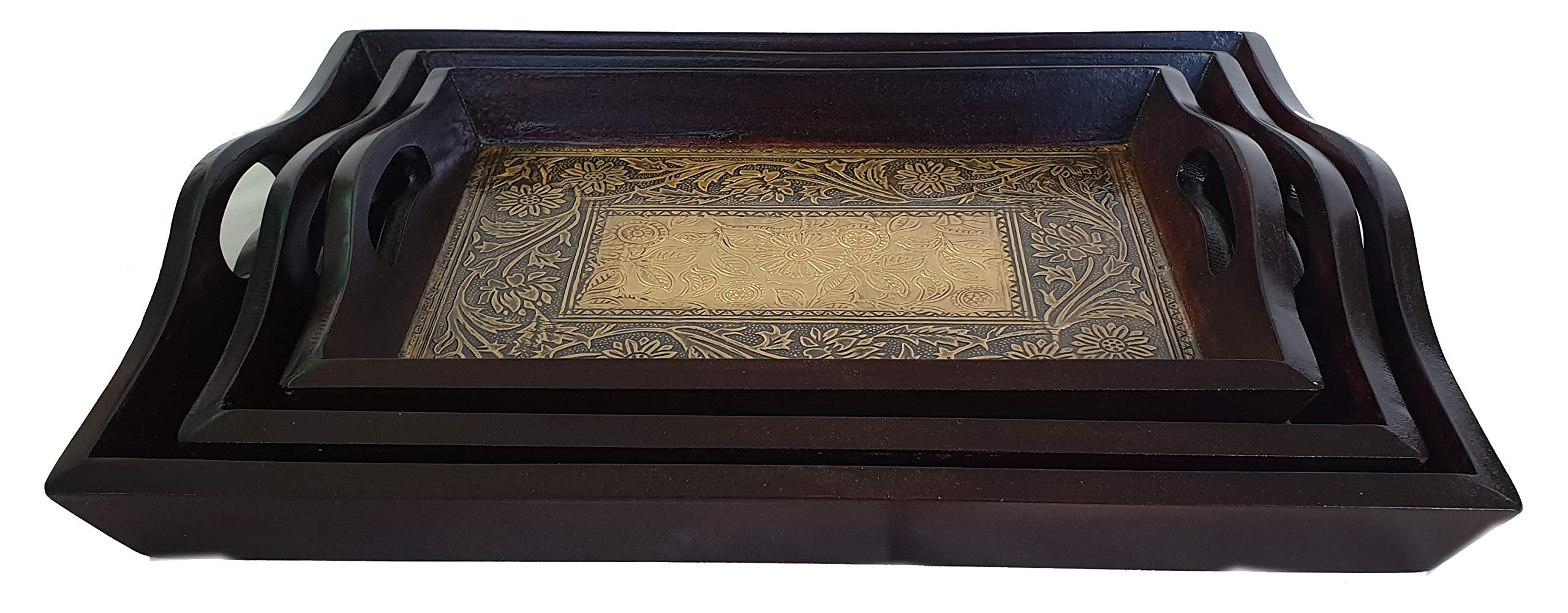 Pranjals House Handicraft Wood And Brass Tray Set Of 3  For Table Decor, Dining And Serving And Gifts