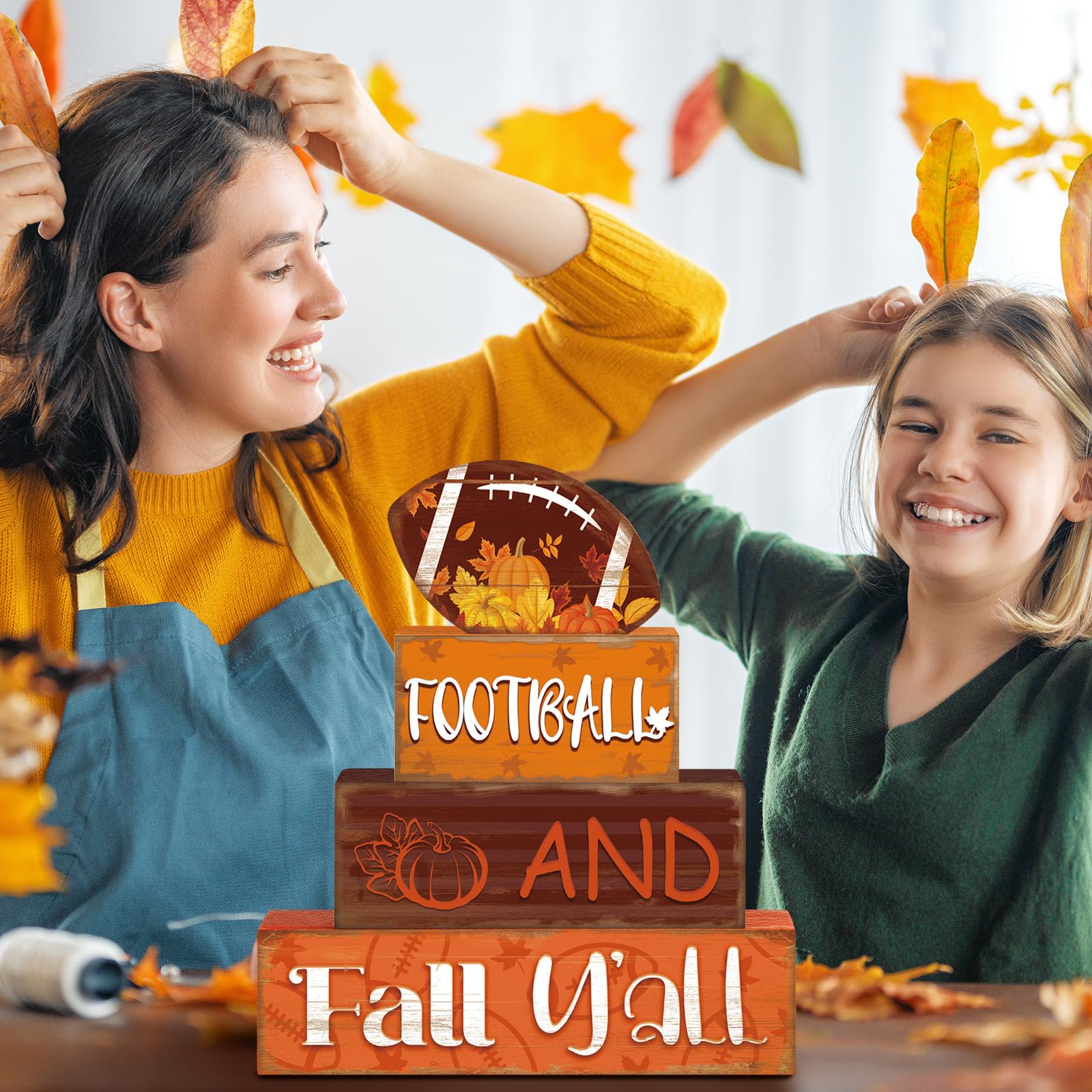 4 Pcs Fall Thanksgiving Decor for Home Football Wooden Signs with Sayings Fall Thanksgiving Tiered Tray Decor Pumpkin Football T