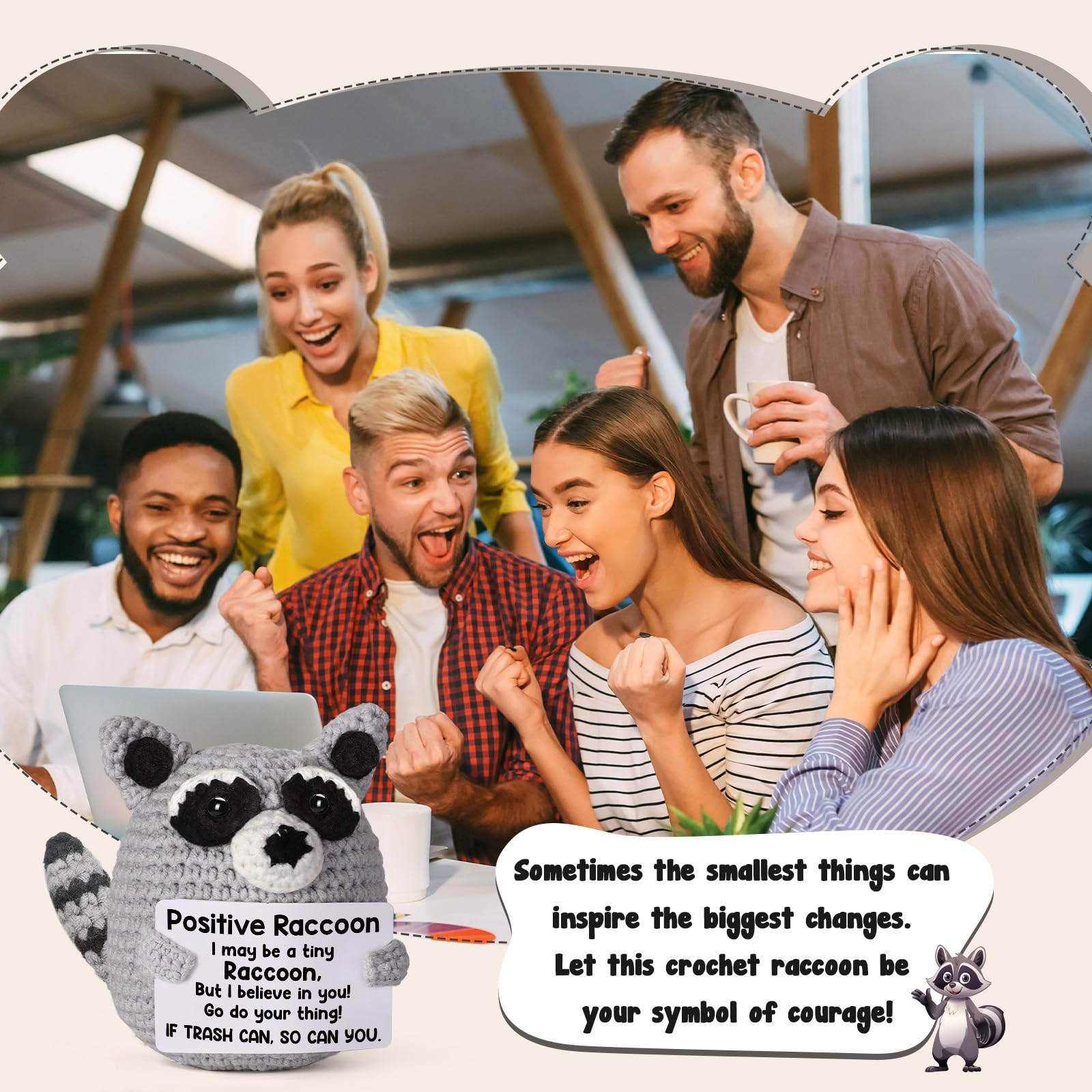 Weming Positive Crochet Animal Raccoon, Handmade Emotional Support Plush Back to School Gift, College Care Package for Teen Girl