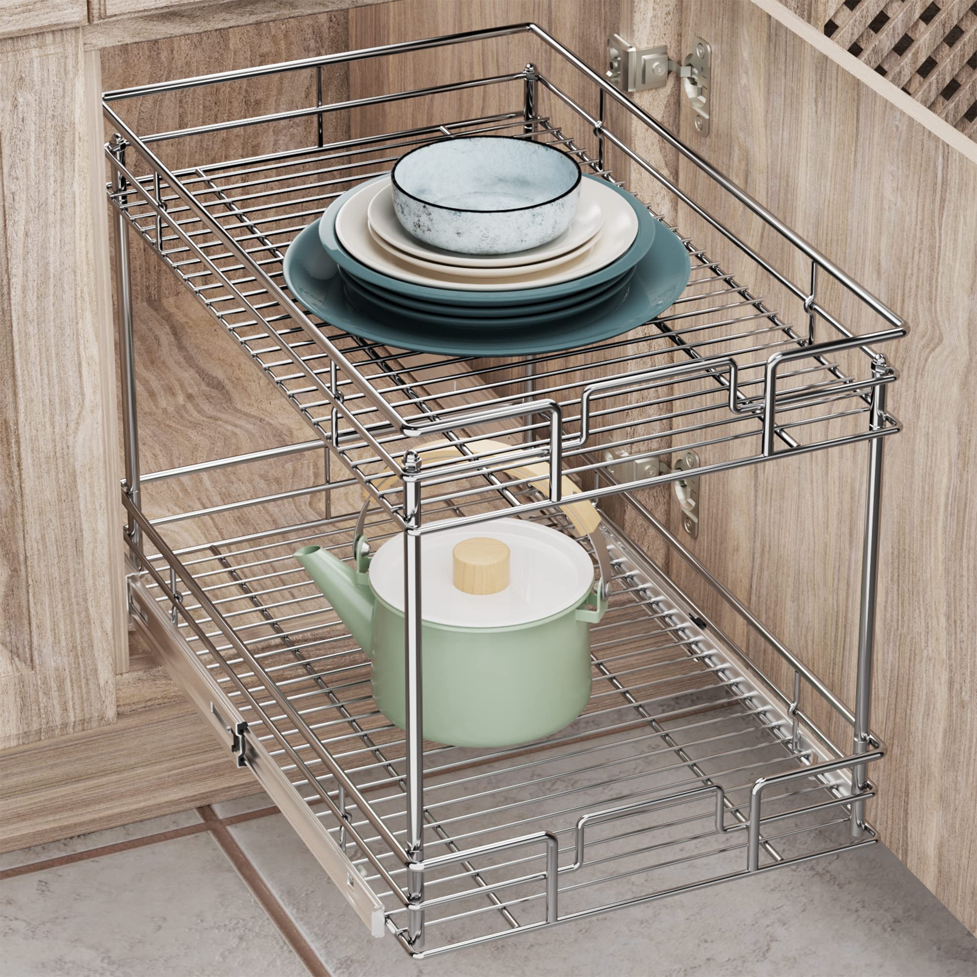 Roomtec New Version Pull Out Cabinet Organizer For Base Cabinet (17'' W X 21'' D), Kitchen Cabinet Organizer And Storage 2-Tier