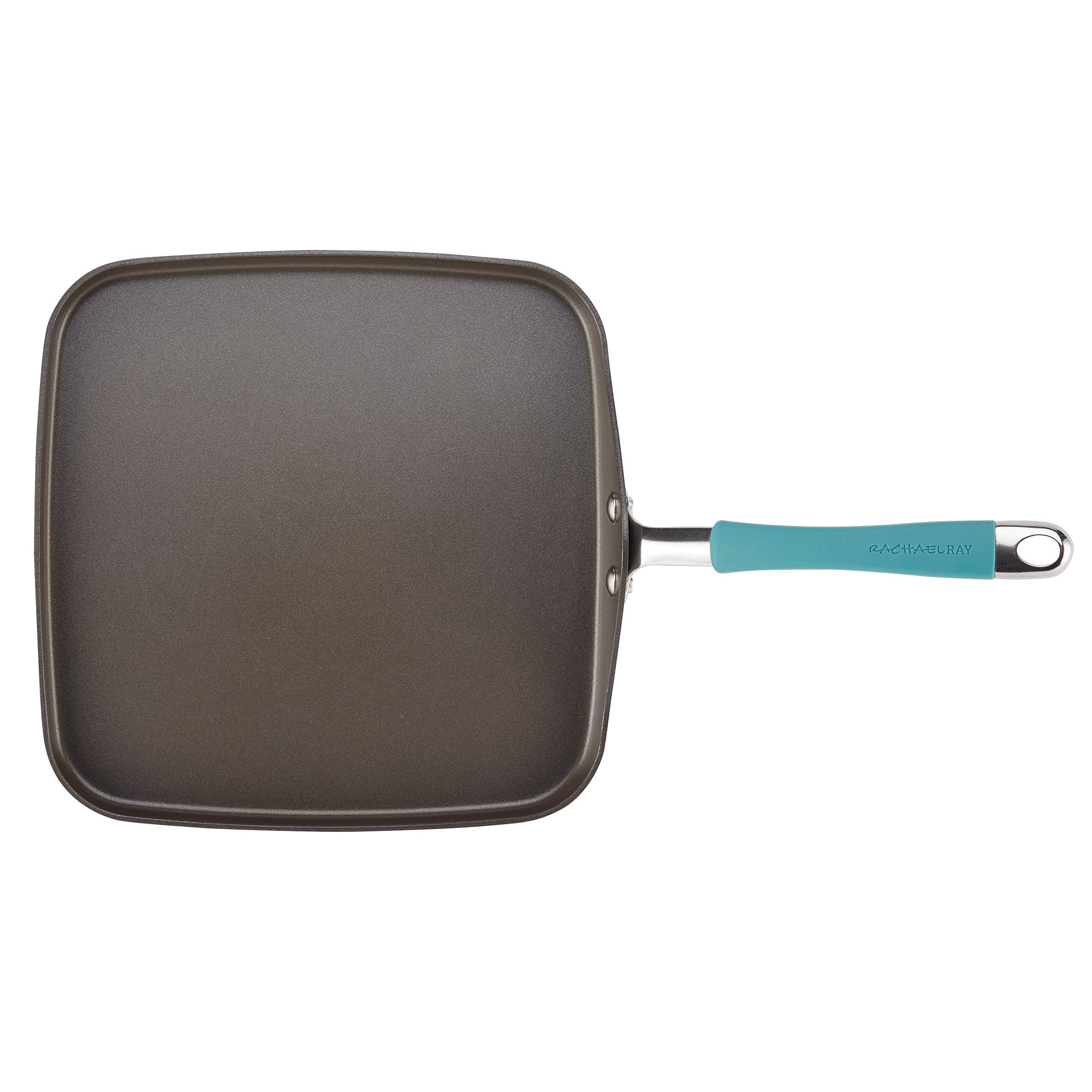 Rachael Ray Cucina Hard Anodized Nonstick Griddle Pan/Flat Grill, 11 Inch, Gray With Agave Blue Handle