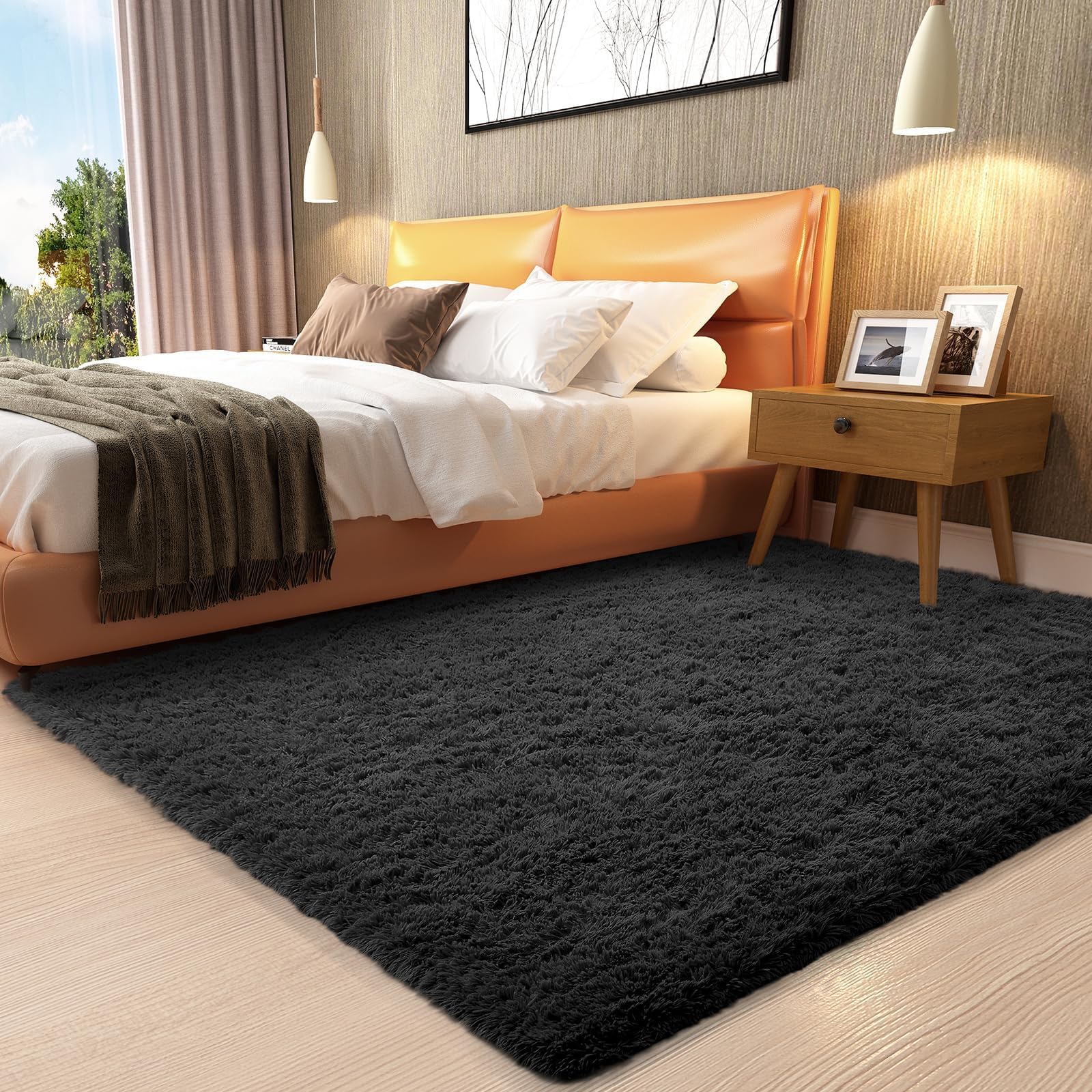Ophanie 3x5 Black Rugs for College Dorm, Bedroom Small Area Rug, Non-Slip Fluffy Shaggy Bedside Soft Shag Fuzzy Plush Carpet for
