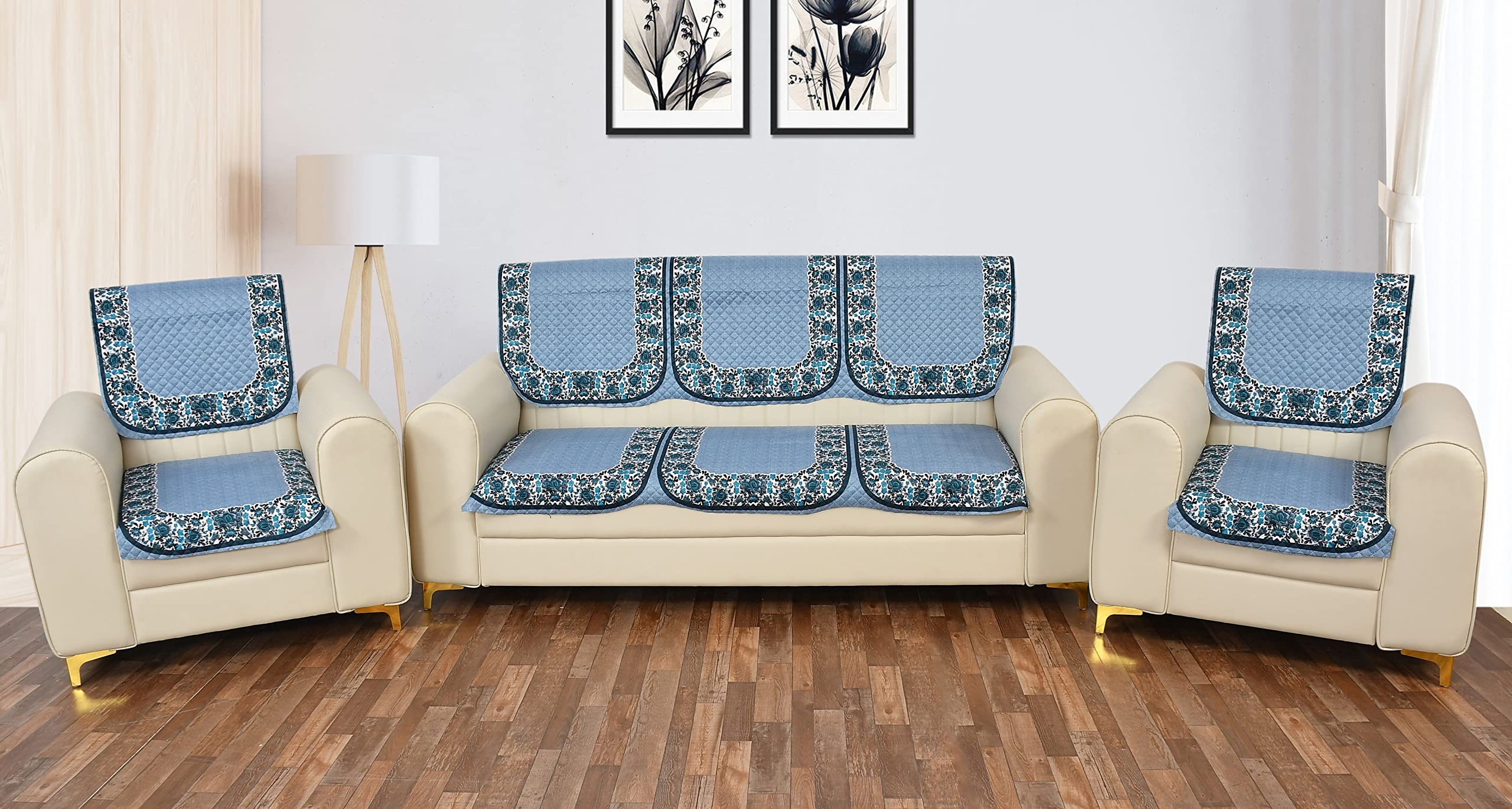 Yellow Weaves 5 Seater Quilted Sofa Cover And Chair Cover, Floral Design, Seat & Back Cover, Color - Sky Blue - Velvet