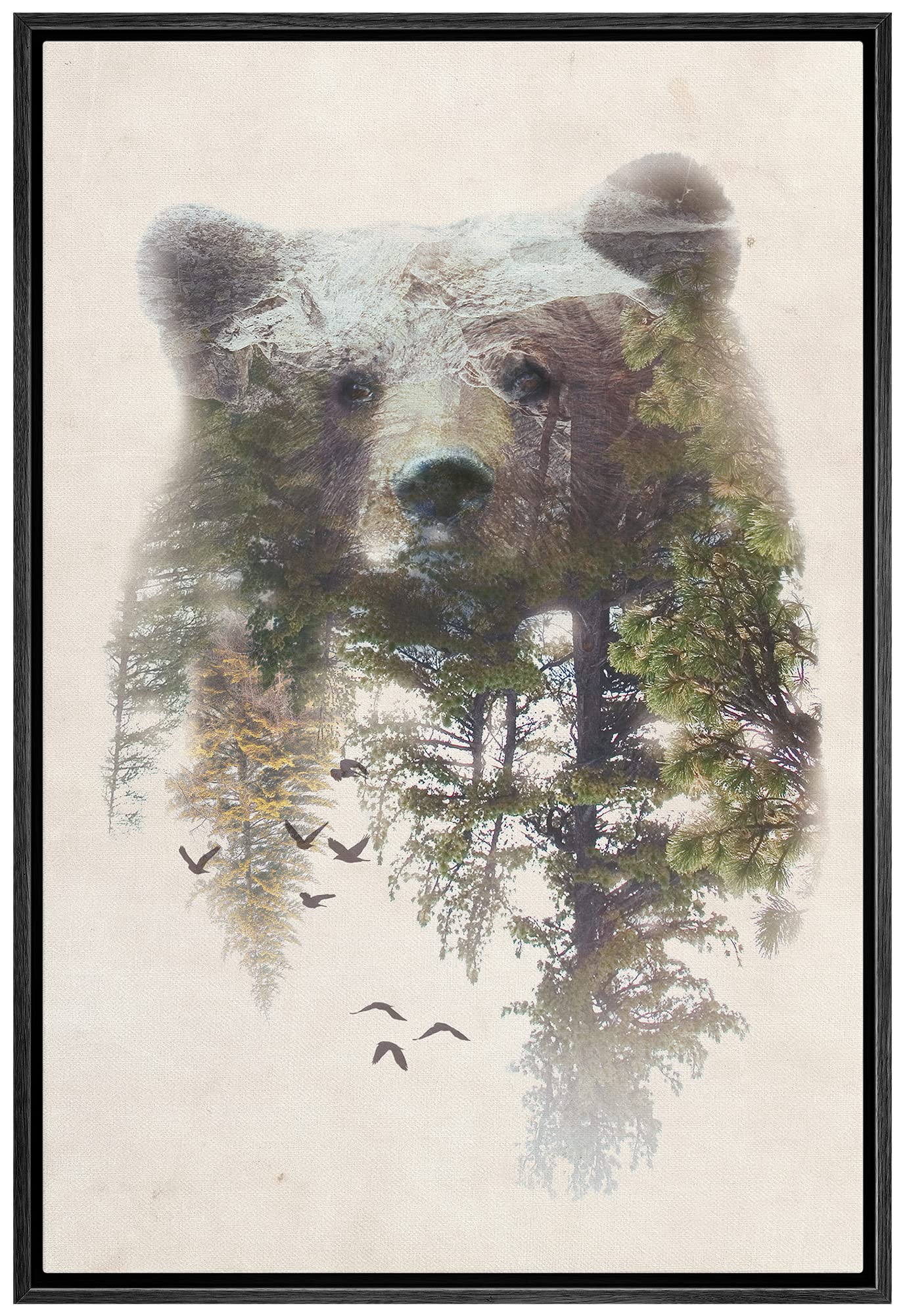 Signwin Framed Canvas Wall Art Bear And Spring Forest Double Exposure Photography Animals Wildlife Digital Art Modern Art Rustic